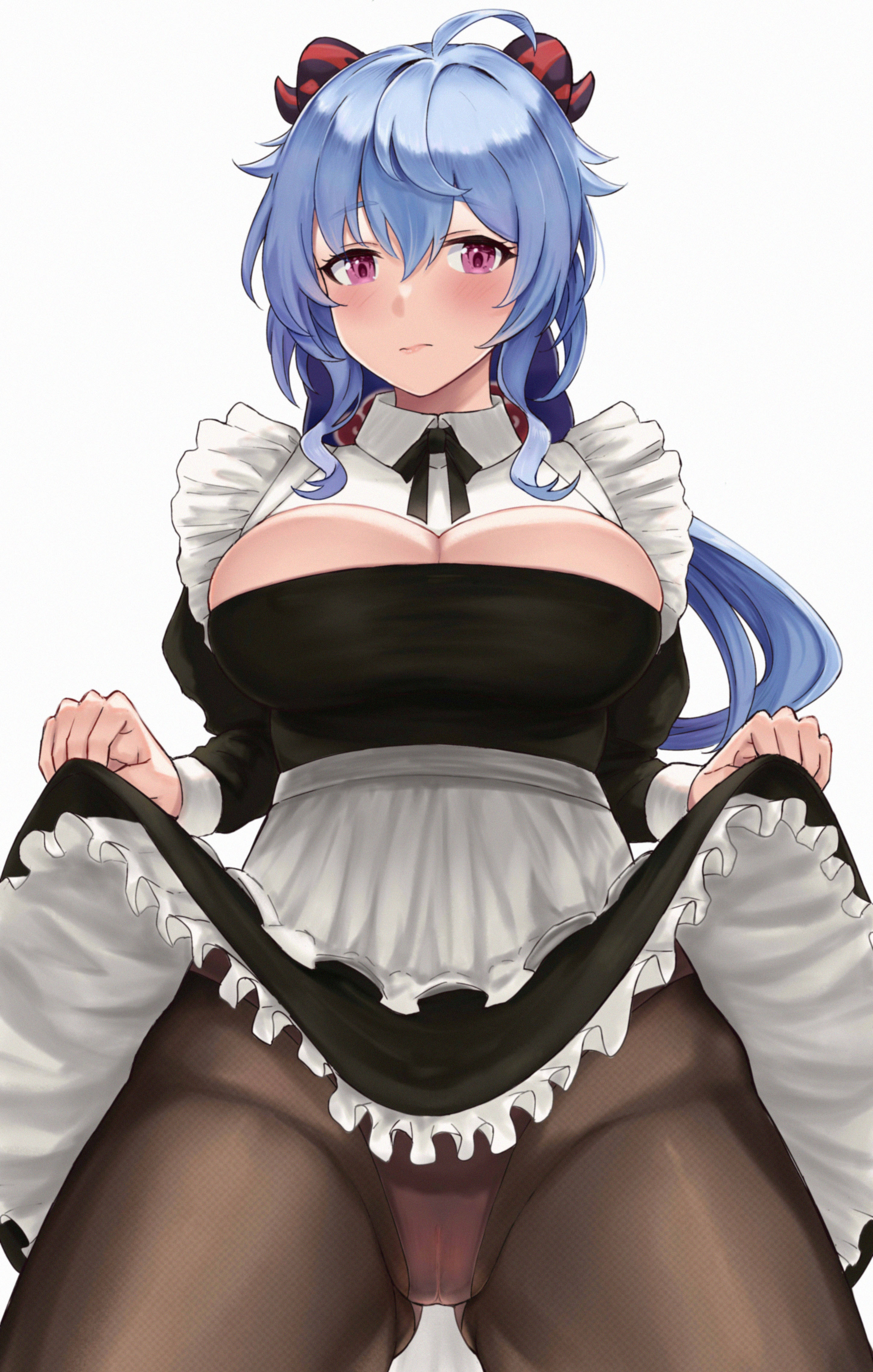 1girls, absurdres, apron, bangs, black dress, black legwear, black neckwear, blue hair, blush, breasts, cameltoe, cleavage, cleavage cutout, clothes lift, clothing cutout, collar, cowlick, dress, dress lift, eyebrows visible through hair, female, frills, ganyu (genshin impact), genshin impact, gluteal fold, hair between eyes, highres, horns, large breasts, lifted by self, long hair, long sleeves, looking at viewer, maid, maumaou, panties, panties under pantyhose, pantyhose, pink panties, purple eyes, pussy, sidelocks, simple background, solo, underwear, white background, white collar