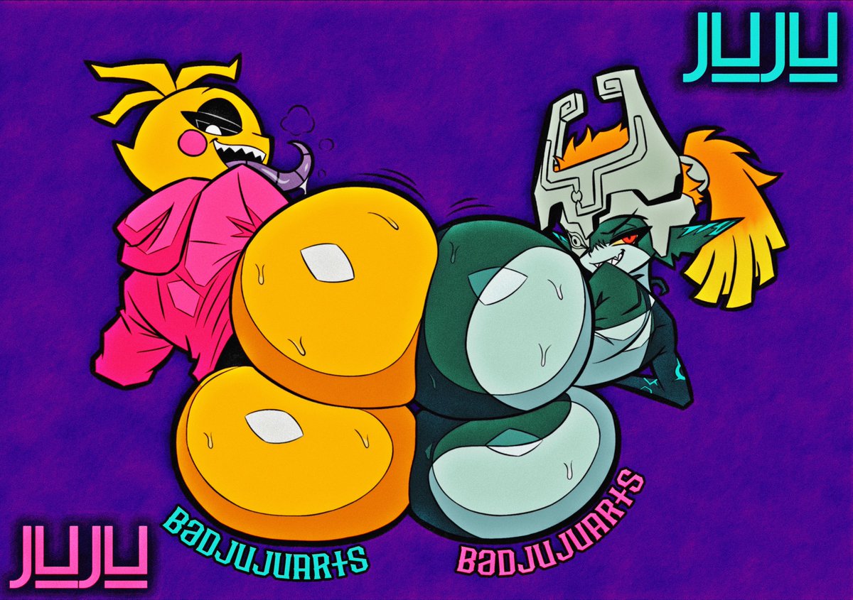 2bad2juju, 2girls, anthro, ass, ass focus, badjujuarts, big ass, butt, crossover, female, female only, fnaf, looking at viewer, midna, multiple girls, red eyes, the legend of zelda, toy chica (fnaf)