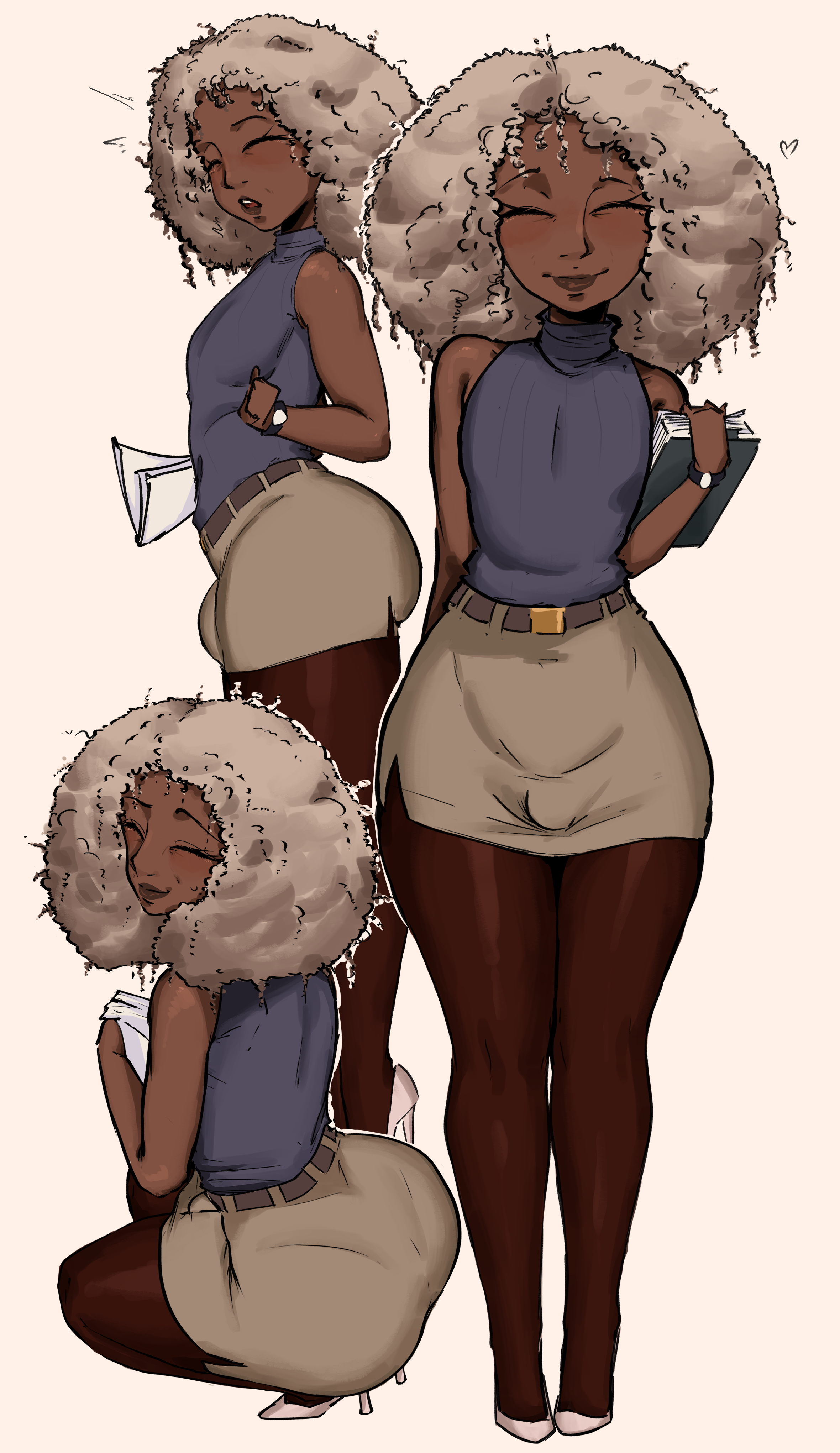 1boy, afro, afro hair, blush, bulge, bulge under clothes, closed eyes, dark-skinned femboy, dark-skinned male, femboy, femboy dilf, femboy focus, flat chest, frizzy hair, fully clothed, heart, high heels, jeteggs, male, mature, oc, office lady, older femboy, original, original character, paper, pencil skirt, skirt, smile, solo, solo male, squatting, standing, thick, thick ass, thick legs, thick lips, thick thighs, watch, wide hips
