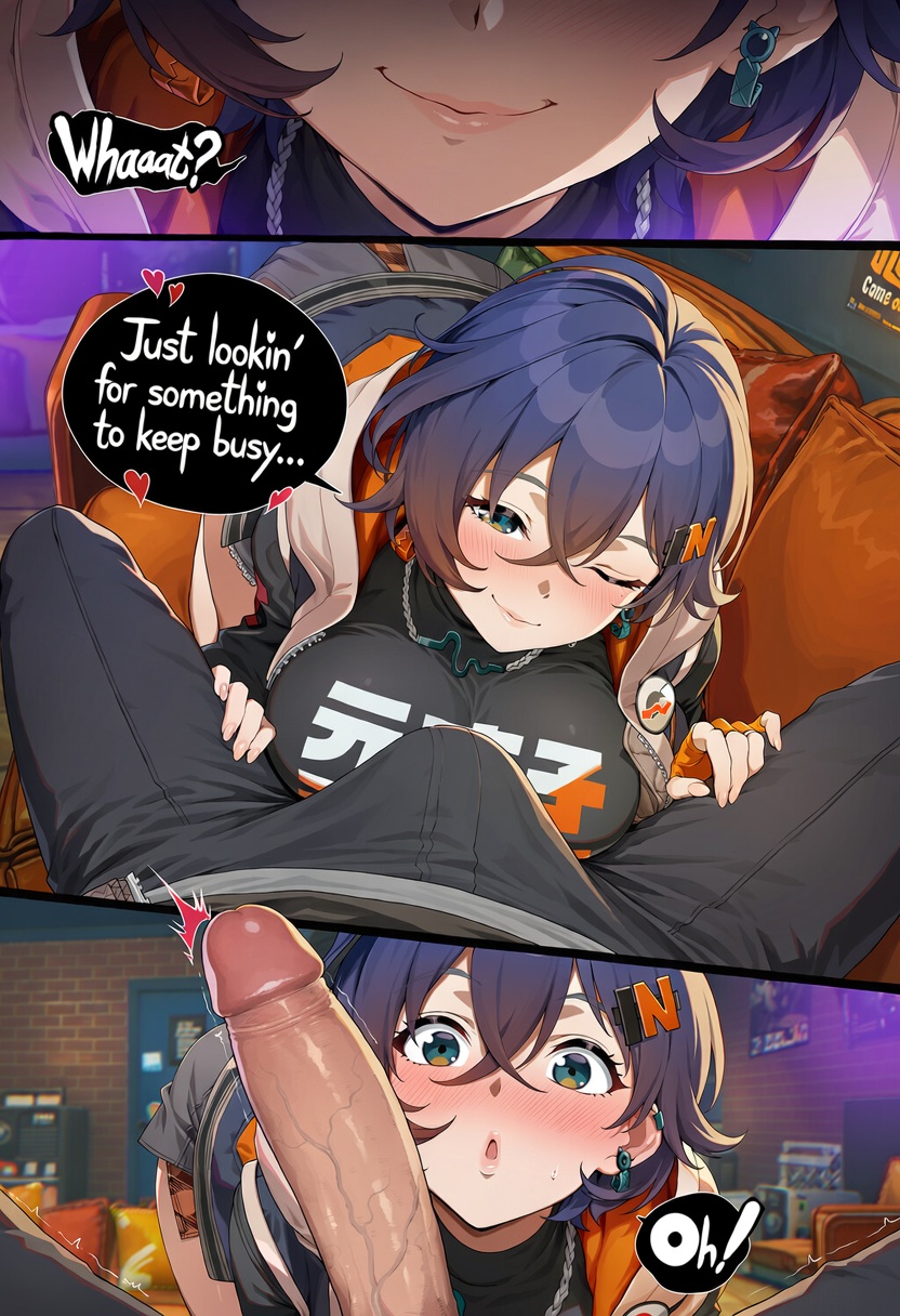 1boy, 1girls, ai generated, belle (zenless zone zero), blue hair, blush, blushing, breasts, brother and sister, clothed, comic, comic page, couch, cute, dialogue, duo, english text, female, giant penis, grey hair, hair ornament, hoyoverse, imminent oral, imminent sex, incest, male, male/female, mihoyo, mihoyo technology (shanghai) co. ltd., panels, penetration, pillow, speech bubble, straight, text, wet pussy, wise (zenless zone zero), zenless zone zero