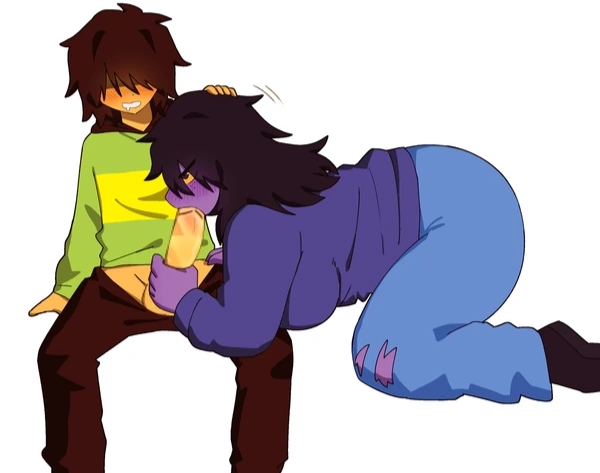 1girls, 1nonbinary, anthro, artist request, big penis, blowjob, deltarune, fellatio, female, human, interspecies, kris (deltarune), monster, nonbinary, oral, penis, scalie, sideways blowjob, sideways oral, snout, susie (deltarune), undertale (series)