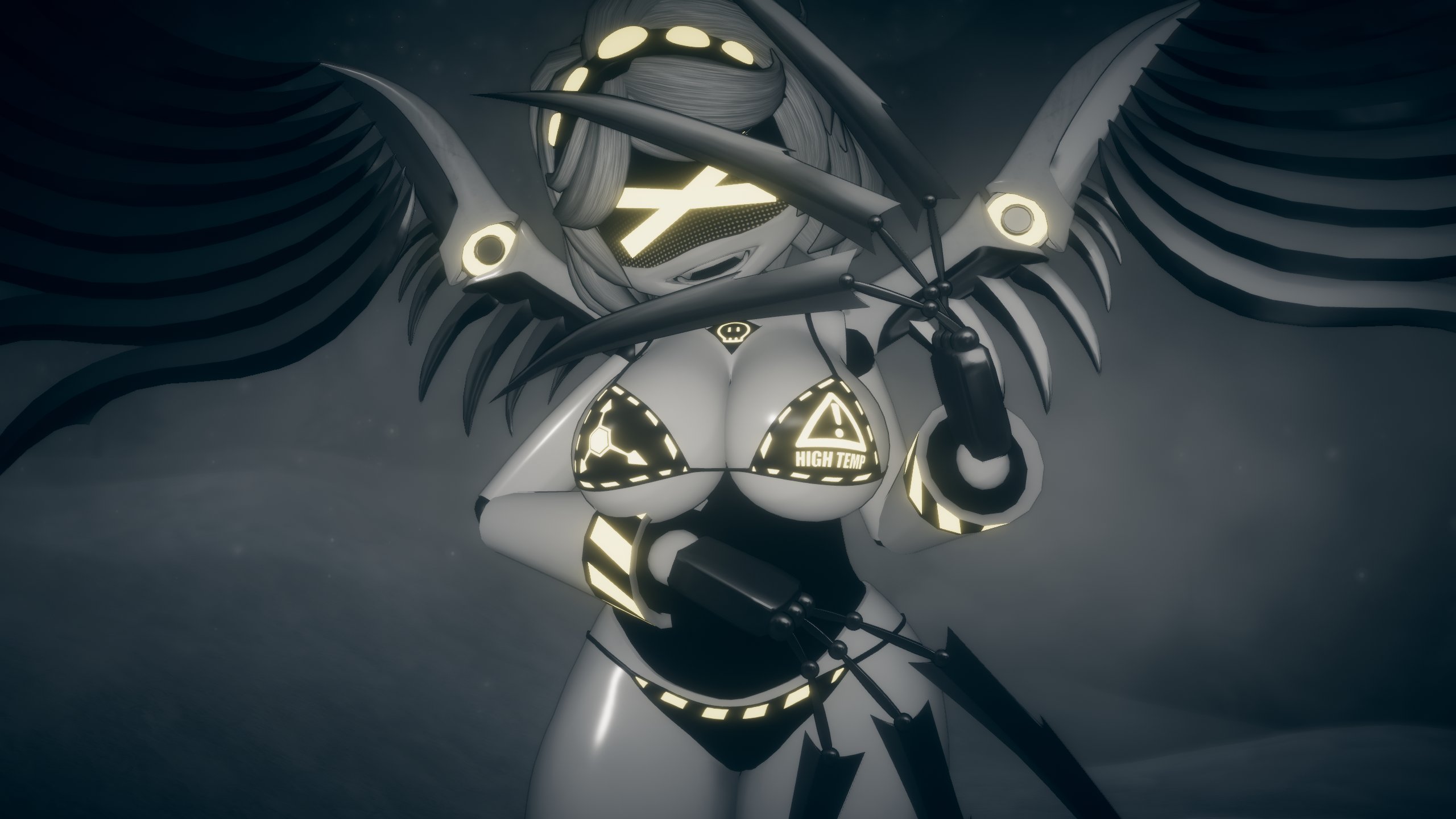 1girls, artist request, ass, big ass, big breasts, big thighs, bikini, breasts, claws, drone, female, female focus, female only, glitch productions, huge ass, huge breasts, huge thighs, long hair, looking at viewer, murder drones, robot, robot girl, screen face, short hair, silver hair, thick thighs, thighs, v (murder drones), vrchat, vrchat avatar, yellow eyes