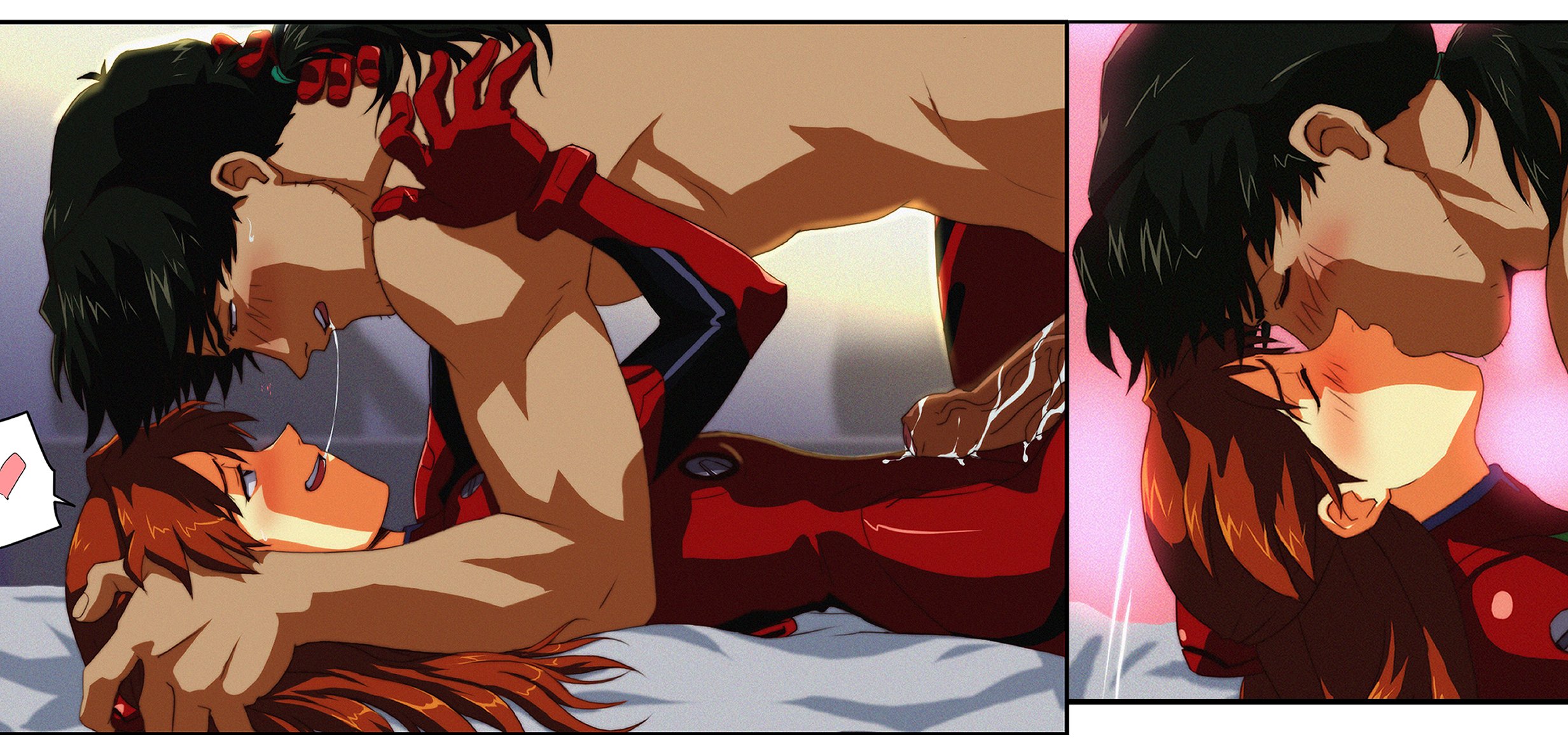 1boy, 1girls, adult and teenager, age difference, amondetauro, asuka langley sohryu, blush, bodysuit, caressing face, clothed female nude male, deep kissing, dilf, embrace, embracing, foreskin, huge cock, imminent sex, kaji ryouji, kiss, kissing, large penis, neon genesis evangelion, nude male, nude male clothed female, older male, older male and younger female, older man and teenage girl, on back, on bed, passionate, passionate kiss, penis, penis on belly, penis on stomach, plugsuit, ryoji kaji, saliva, saliva string, skin tight suit, skintight bodysuit, souryuu asuka langley, teenage female, teenage girl, teenager, uncircumcised, uncircumcised penis, uncut, uncut penis, veiny penis, wet penis, young, younger female