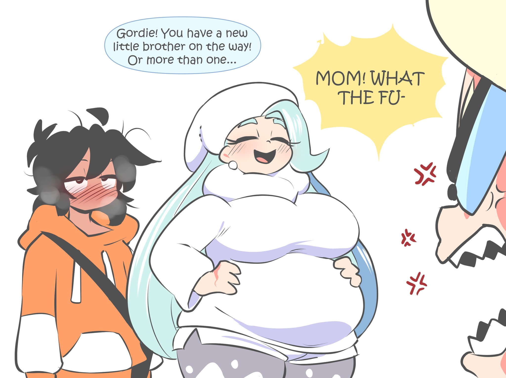 angry, angry expression, angry face, blush, blushing, dark-skinned male, disheveled, disheveled hair, fat, game freak, gordie (pokemon), gray hair, grey hair, light-skinned female, light-skinned male, mango quaver (male), mature, mature female, mature woman, melony (pokemon), milf, pokemon, pokemon ss, post-sex, pregnant, pregnant female, quavernsfw, super belly, thick ass, thick thighs