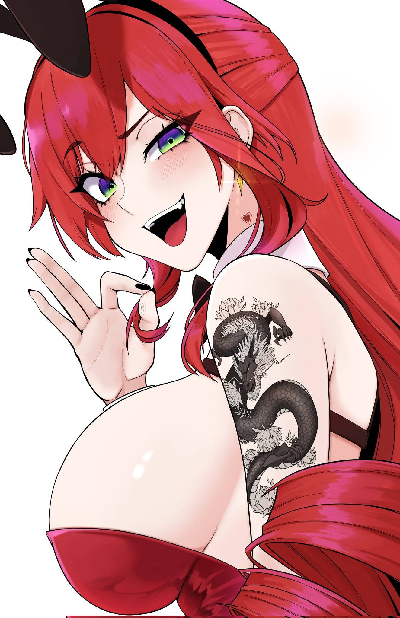 ///, 1girls, 2d, 2d (artwork), 2d artwork, adult, adult female, arm tattoo, background, big boobs, big breasts, black bowtie, black bunny ears, black fingernails, black hairband, black headwear, black nail polish, black nails, black tattoo, blank background, blowjob gesture, blue eyes, blue-eyed female, blush face, blush lines, blushing, blushing at viewer, blushing female, blushing lines, bowtie, breasts, bunny costume, bunny ears, bunnygirl, bunnygirl outfit, bunnysuit, busty, busty female, busty girl, collar, color, colored, colored nails, digital, digital art, digital drawing, digital drawing (artwork), digital media, digital media (artwork), drawing, dynamic angle, earrings, elly (vtuber), eye-level view, eyebrows visible through hair, eyes, fellatio gesture, female, female focus, female only, fingernails, fingers, flushed, flushed cheeks, flushed face, from side, gradient eyes, green eyes, green-eyed female, hair between eyes, hair intakes, half updo, happy, head tilt, independent vtuber, indie virtual youtuber, indie vtuber, inframammary fold, large boobs, large breasts, leotard, long hair, looking at viewer, looking sideways, looking to the side, lower body out of frame, mature, mature female, mature woman, monotone background, multicolored eyes, nail polish, nails, neckwear, one color background, open mouth, open mouth smile, oral gesture, painted nails, parted lips, plain background, portrait, red bunnysuit, red hair, red leotard, red topwear, red-haired female, redhead, redhead female, rumigawa31, shoulder tattoo, shoulders, side view, sideboob, sidelocks, smile, smiley face, smiling, smiling at viewer, solid color background, solo, tattoo, tattoo on arm, tattoo on arms, tattoo on shoulder, tattooed, tattooed arm, tattooed arms, tattooed female, tattooed girl, tattooed shoulder, teeth, teeth visible, tilted head, tongue, top view, topwear, two-tone eyes, upper body, upper teeth, upper teeth only, virtual youtuber, vtuber, vtuberfanart, white background, white collar, white neckwear, white wrist cuffs, woman, wrist cuffs, wristwear, youtuber, youtuber girl