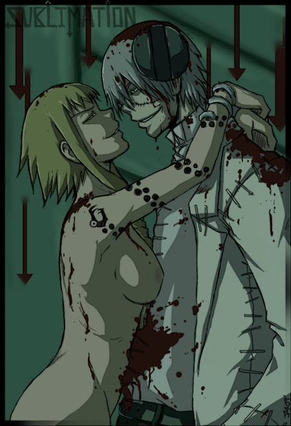 1boy 1girls blonde_hair blood breasts female franken_stein grey_hair labcoat male medusa_gorgon nipples scar snake soul_eater stitches