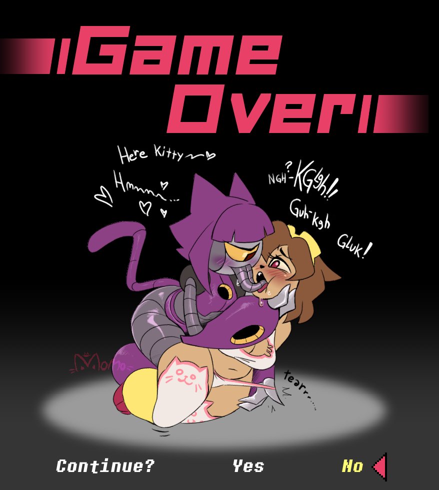 2girls, catgirl, continue screen, continue?, female, furry female, game over, gameoverse, glitch productions, kissing, kit (gameoverse), kit bodega, lesbian, malice (gameoverse), momokattlewds, robot girl, yuri