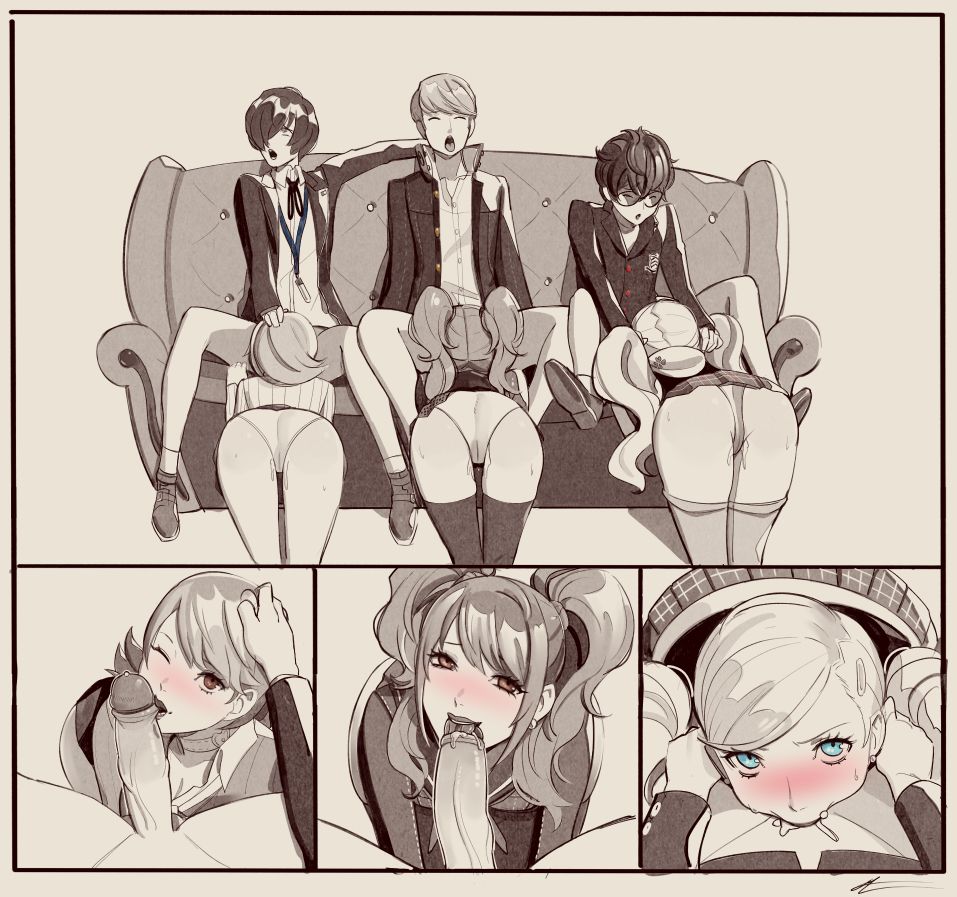 3boys, 3girls, all the way to the base, ann takamaki, ass, blue eyes, blush, cum, cum in mouth, eightyfourart, kujikawa rise, licking, looking up, lovers arcana, makoto yuki, meme, narukami yu, one eye closed, oral, panties, penis, persona, persona 3, persona 4, persona 5, pussy juice, ren amamiya, tagme, thighhighs, twintails, yukari takeba
