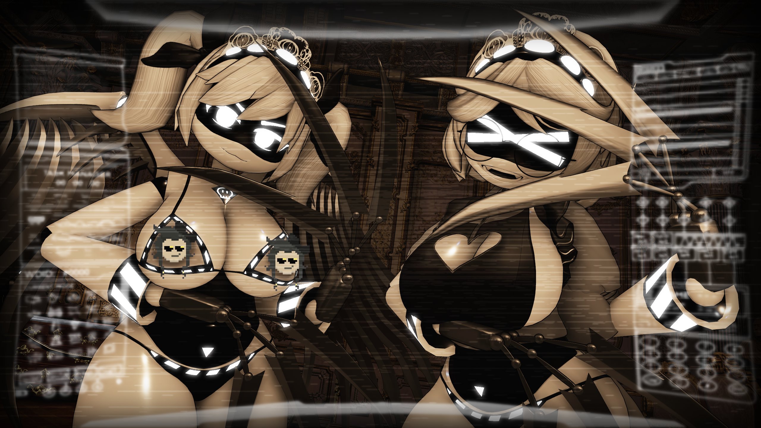 2girls, 3d model, artist request, ass, big ass, big breasts, big thighs, boobs, breasts, claws, drone, female, female focus, female only, glitch productions, huge ass, huge breasts, huge thighs, j (murder drones), long hair, looking at viewer, murder drones, panties, robot, robot girl, screen face, short hair, silver hair, thick thighs, thighs, tits, twintails, unity (engine), v (murder drones), vrchat, vrchat avatar, white eyes
