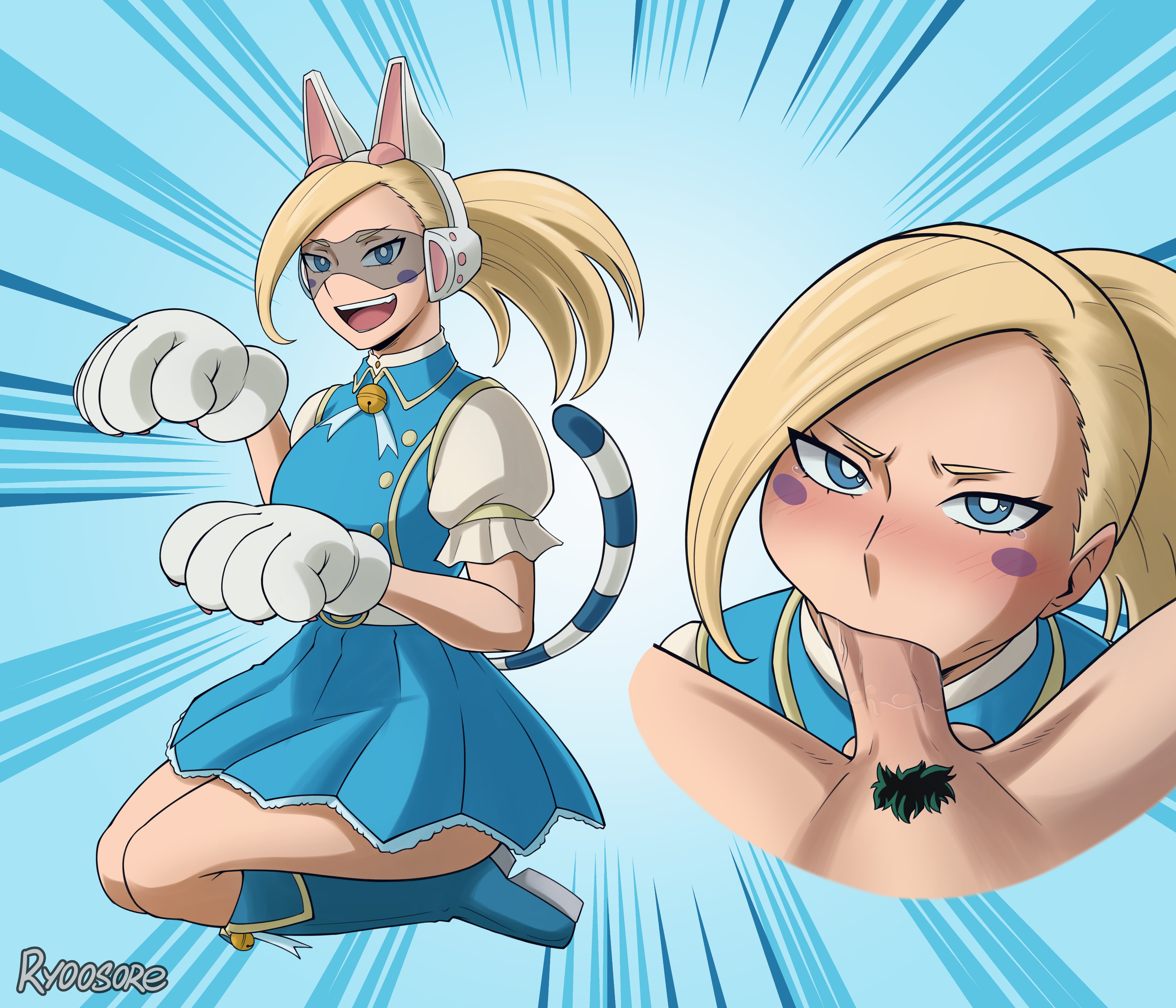1boy, 1girls, blonde female, blonde hair, blonde-haired female, blowjob, catgirl, face not visible male, female, izuku midoriya, my hero academia, my hero academia (finale), pixie bob, posing, post-timeskip, pubes, ryoosore, time skip
