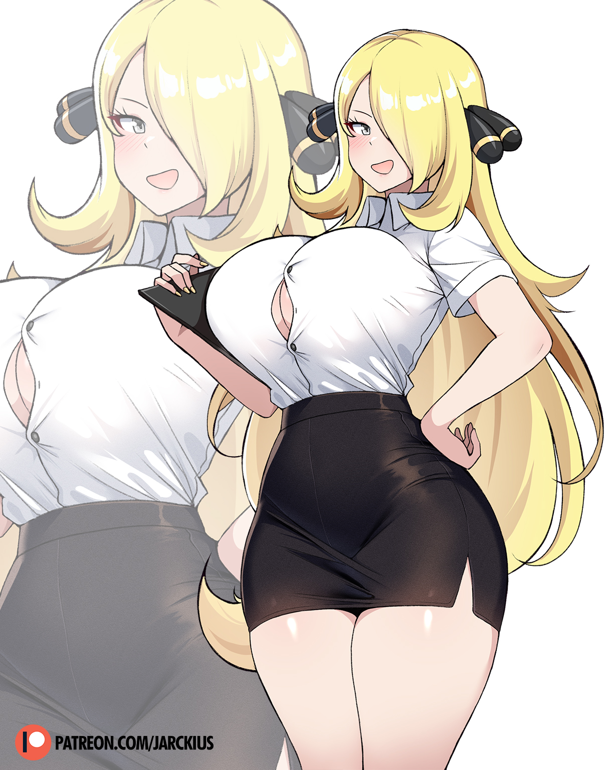 1girls, alternate costume, blonde hair, breasts, busty, busty female, button down shirt, clipboard, collar, colored, curvy, curvy figure, cynthia (pokemon), female, female only, gamefreak, grey eyes, hair ornament, hair over one eye, hand on hip, holding object, huge breasts, jarckius, long hair, looking at viewer, nintendo, office clothing, office lady, pencil skirt, pokemon, pokemon champion, pokemon dppt, smiling, smiling at viewer, tagme, tight clothing, wide hips