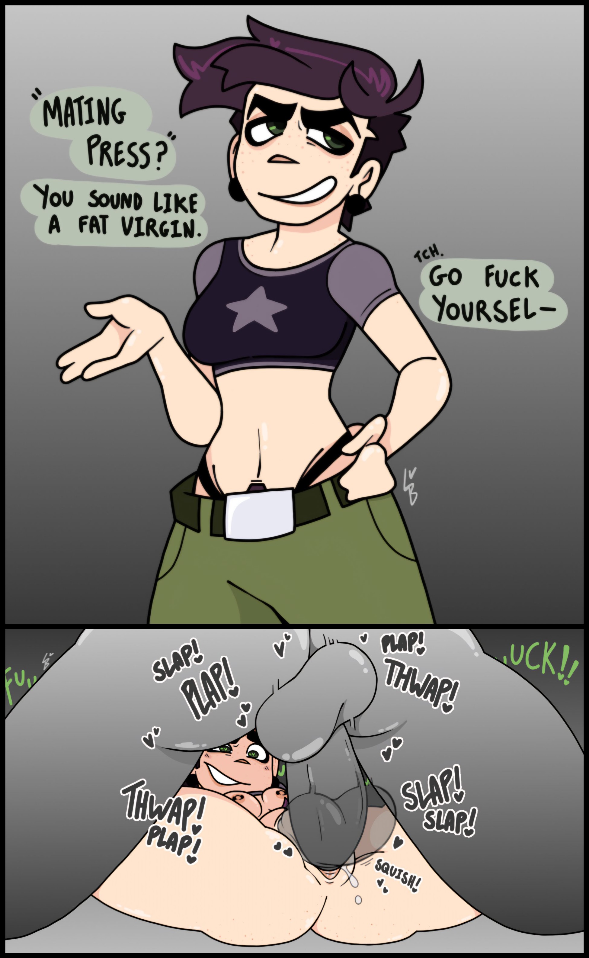 1boy, androgynous, anon, anonymous male, ass, breasts, clothed female nude male, correction, cum, cum in pussy, dubious consent, earrings, english dialogue, english text, female, heart, heart-shaped pupils, instant loss, instant loss 2koma, insulting another, insulting viewer, lavabutts, male, mating press, mating press (phrase), nude, oc, orginal character, original, original character, penis, pussy, reece (lavabutts), sex, short hair, smug, smug face, straight, text, torn clothes, uncensored, vaginal penetration, what is mating press?