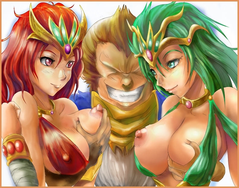 areolae breast_grab breast_squeeze breasts breath_of_fire breath_of_fire_ii clothing erect_nipples erect_nipples_under_clothes green_eyes green_hair grin groping large_breasts naughty_face nipples red_eyes red_hair sana shaman smile spoo spoo_(breath_of_fire) sten sten_legacy