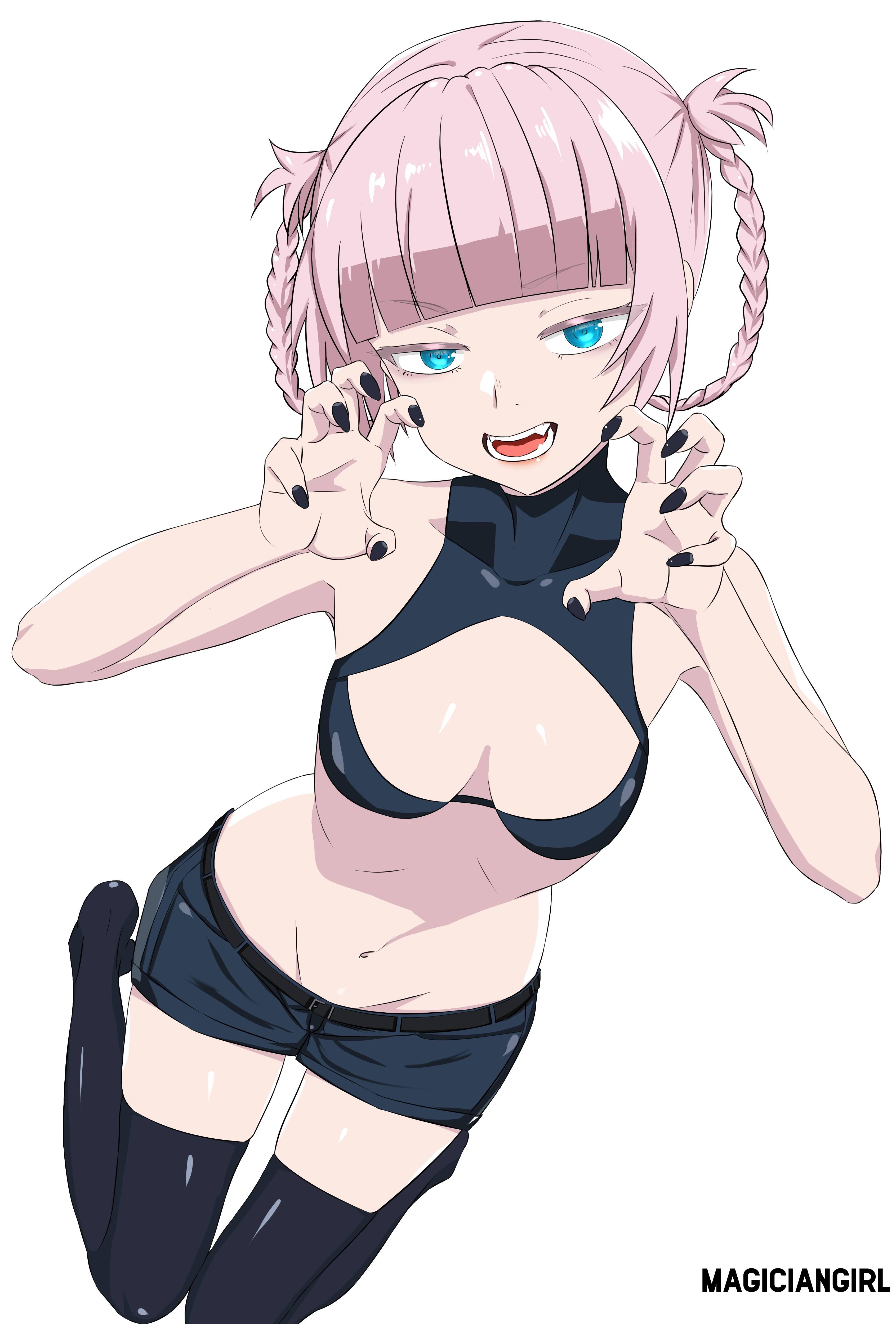 1girls, 2d, 2d (artwork), 2d artwork, adult, adult female, anime, anime character, anime girl, armpit, armpit crease, armpit peek, armpits, asian, asian girl, asian woman, background, bangs, belly, belly button, black bottomwear, black fingernails, black legwear, black nail polish, black nails, black shorts, black stockings, black thigh highs, black thighhighs, blank background, blue eyes, blue-eyed female, blunt bangs, bottomwear, braid, braided hair, braided pigtails, braided twintails, braids, breasts, call of the night, calves, cleavage, collarbone, color, colored, colored nails, digital, digital art, digital drawing, digital drawing (artwork), digital media, digital media (artwork), drawing, elbows, eyebrows, eyebrows visible through hair, eyes, fanart, female, female focus, female only, female protagonist, female vampire, fingernails, fingers, full body, groin, hairless armpits, head tilt, hips, hourglass figure, inframammary fold, inguinal crease, inguinal ligament, japanese, japanese female, japanese woman, knees, lean figure, legs, legwear, lidenfilms, looking at viewer, looking up, looking up at viewer, main character, manga character, mature, mature female, mature woman, midriff, monotone background, nail polish, nails, nanakusa nazuna, narrow waist, navel, one color background, open mouth, open mouth smile, painted nails, parted lips, petite, petite body, petite breasts, petite female, petite girl, petite tits, pink eyebrows, pink hair, pink hair female, pink-haired female, plain background, portrait, posing, posing for the viewer, protagonist, ribcage, ribs, shaved armpits, shorts, shoulders, shounen protagonist, skinny, skinny female, skinny girl, skinny waist, slender body, slender waist, slim female, slim waist, small boobs, small breasts, small tits, small waist, solid color background, solo, stockings, teeth, teeth visible, thigh gap, thigh highs, thighhighs, thighs, thin female, thin waist, tied hair, tilted head, tiny breasts, tiny tits, tongue, twin braids, upper teeth, vampire, vampire girl, vampire teeth, white background, wide hips, woman, yofukashi no uta