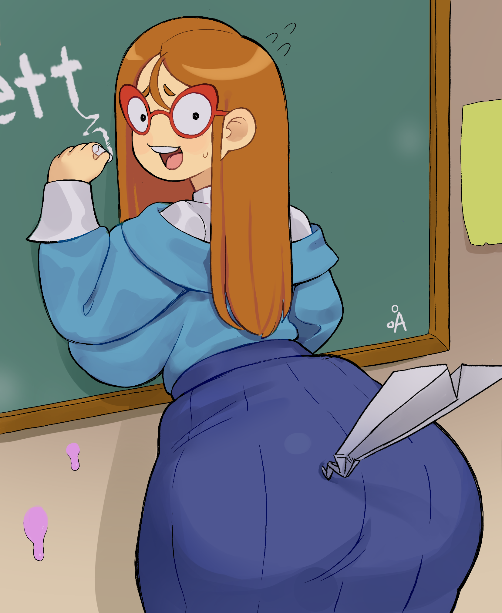 1girl, absurdres, ass, black eyes, breasts, brown hair, embarrassed, glasses, highres, huge ass, huge breasts, kindergarten (game), kindergarten 3, large breasts, long hair, looking back, mature female, ms. lovelett, pokpa, solo, teacher