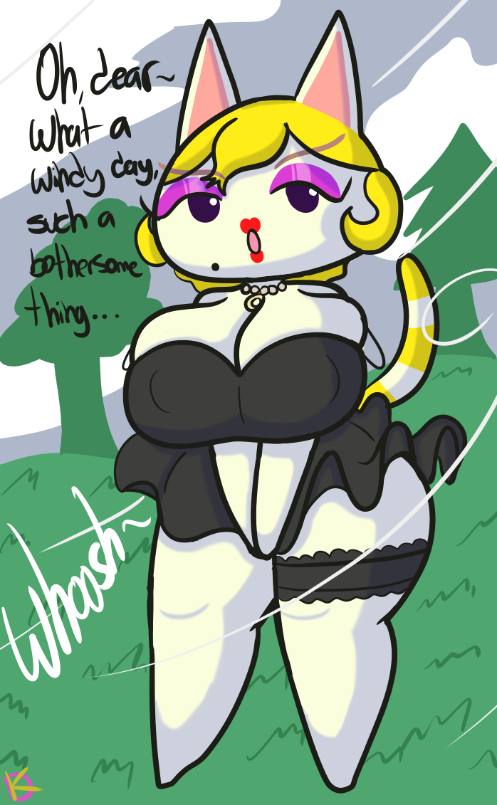 2021 animal_crossing big_breasts cleavage half-closed_eyes klutzatdusk monique_(animal_crossing) nintendo shortstack suggestive thigh_strap upskirt wide_hips wind_lift