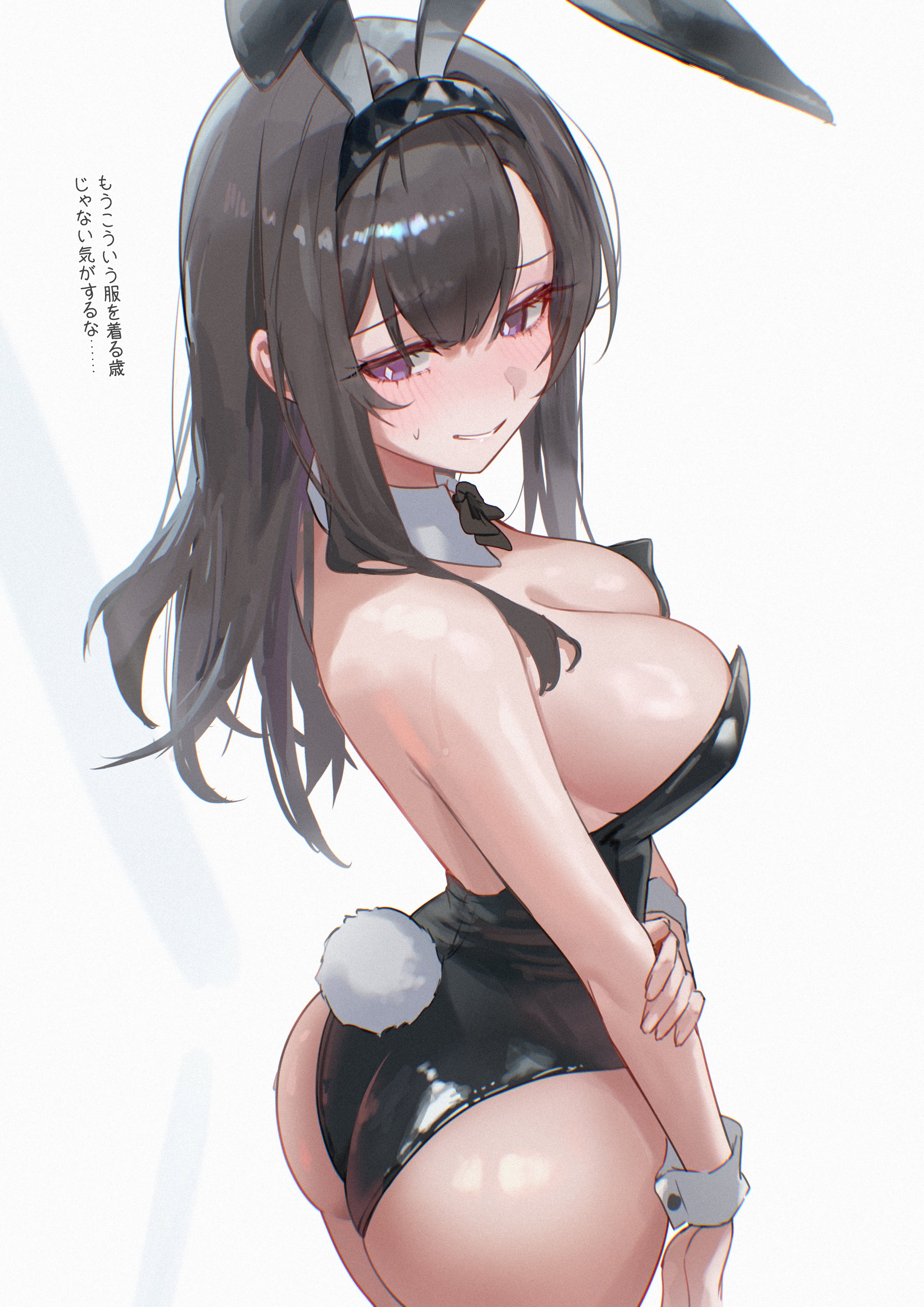 1girls, arknights, ass, ass cheeks, awkward smile, bare shoulders, beautiful girl, blush, blushing, boobs, breasts, brown hair, bunny ears, bunnysuit, hair ornament, headband, hi res, long hair, perfect body, perfect boobs, priestess (arknights), purple eyes, round breasts, sexy breasts, slender, slender body, slender waist, slim body, slim female, slim figure, slim girl, slim thick, slim torso, slim waist, soft blush, uof, violet eyes