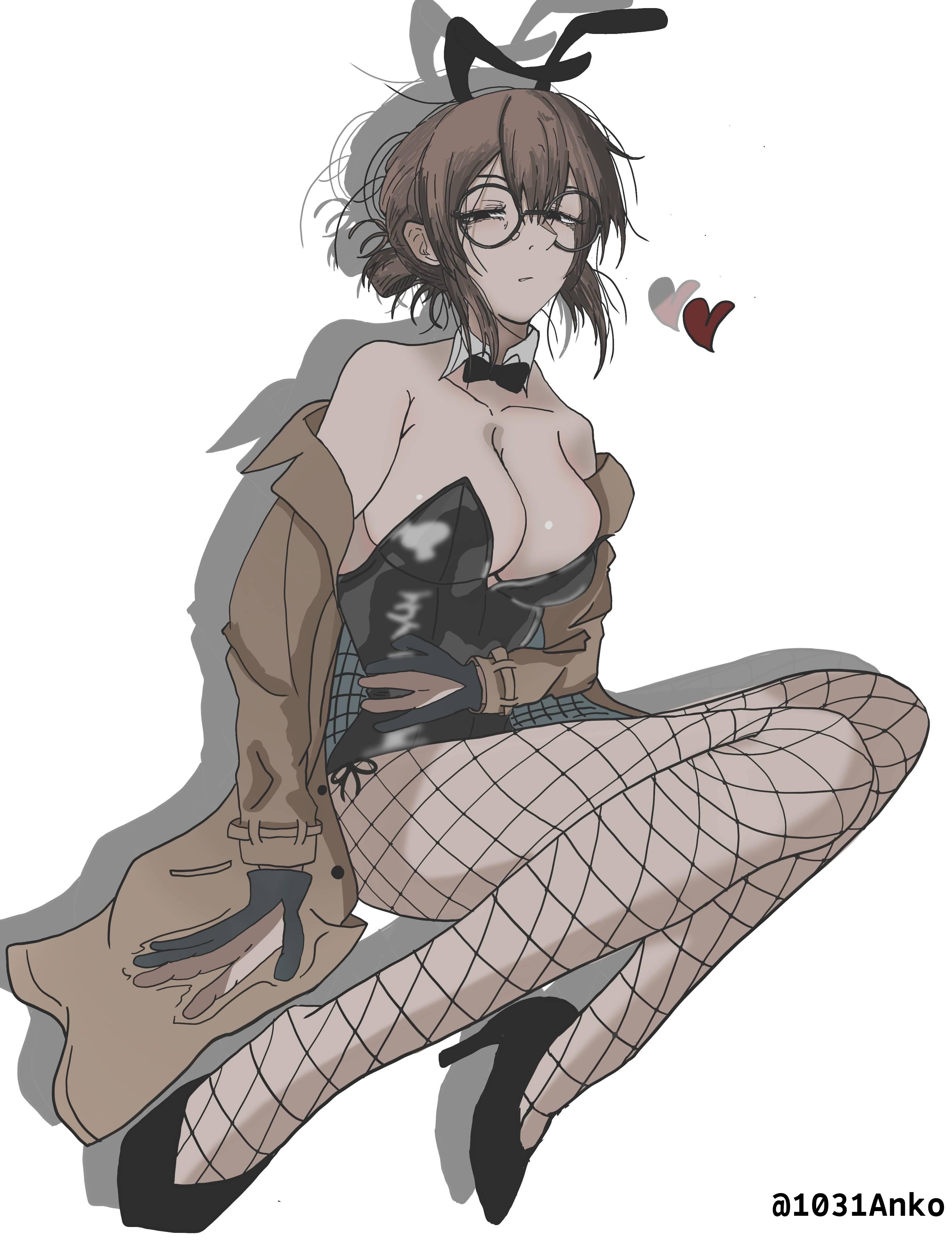 1girls, 2d, 2d (artwork), 2d artwork, adult, adult female, anime, anime character, anime girl, asian, asian female, asian woman, background, big boobs, big breasts, black bowtie, black bunny ears, black bunnysuit, black eyes, black footwear, black hairband, black headwear, black heels, black high heels, black legwear, black leotard, black pantyhose, black shoes, black stockings, black tights, black topwear, black-eyed female, blank background, bowtie, breasts, brown coat, brown hair, brown jacket, brown-haired female, bunny costume, bunny ears, bunnygirl, bunnygirl outfit, bunnysuit, busty, busty female, busty girl, call of the night, calves, circle glasses, circular glasses, cleavage, coat, collar, collarbone, colored, digital, digital art, digital drawing, digital drawing (artwork), digital media, digital media (artwork), drawing, exhausted, exhausted female, eye-level view, eyebrows visible through hair, eyes, eyewear, eyewear on head, fanart, female, female focus, female human, female only, fingers, fishnet legwear, fishnet tights, fishnets, footwear, from side, full body, full body view, glasses, glasses on face, glasses on head, groin, hair between eyes, hair bun, hairband, half-closed eyes, hand on belly, hand on own belly, hand on own stomach, hand on stomach, headwear, heart, heels, high heels, human, human female, human only, jacket, japanese, japanese female, japanese woman, knees, landscape, large boobs, large breasts, lean figure, legs, legwear, leotard, lidenfilms, long coat, long hair, long jacket, looking at viewer, manga character, mature, mature female, mature woman, messy hair, monotone background, narrow waist, neckwear, one color background, open coat, open jacket, plain background, round glasses, shoes, shoulders, side view, sidelocks, sitting, sleepy, slender body, slender waist, slim female, slim waist, solid color background, solo, thighs, three quarter view, three-quarter view, tied hair, tights, tired, tired expression, tired eyes, tired look, topwear, touching belly, touching stomach, uguisu anko, white background, white collar, white neckwear, woman, yofukashi no uta