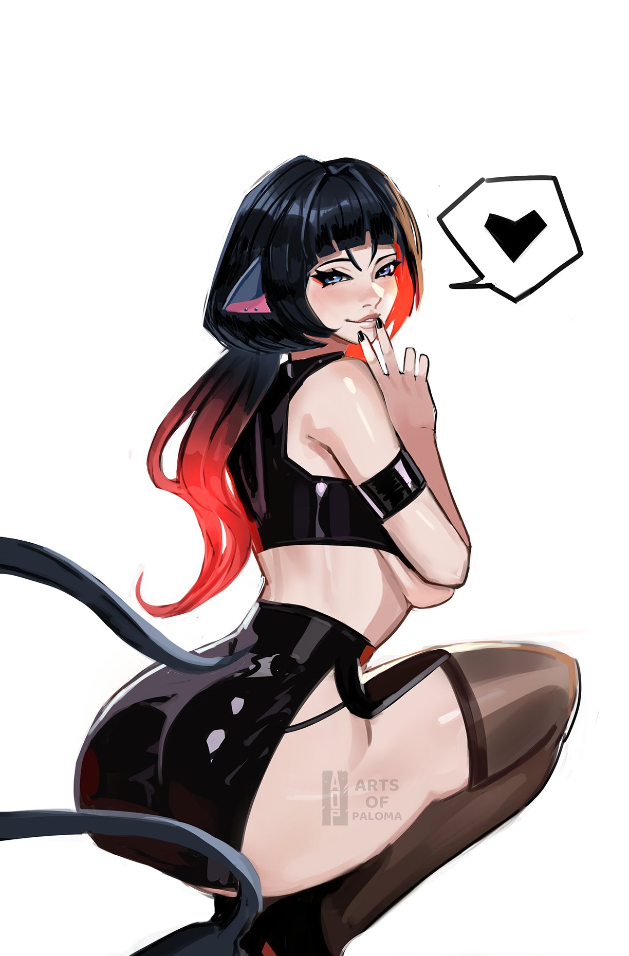 alternate version at patreon, arts of paloma, ass, ass focus, back view, big ass, black hair, blue eyes, female, female artist, female only, heart symbol, jane doe (zenless zone zero), looking at viewer, looking back, looking back at viewer, midriff, nude version available, rear view, red hair, sideboob, solo, solo female, squatting, thighhighs, thighs, thong, thong straps, twitter link, underboob, white background, zenless zone zero