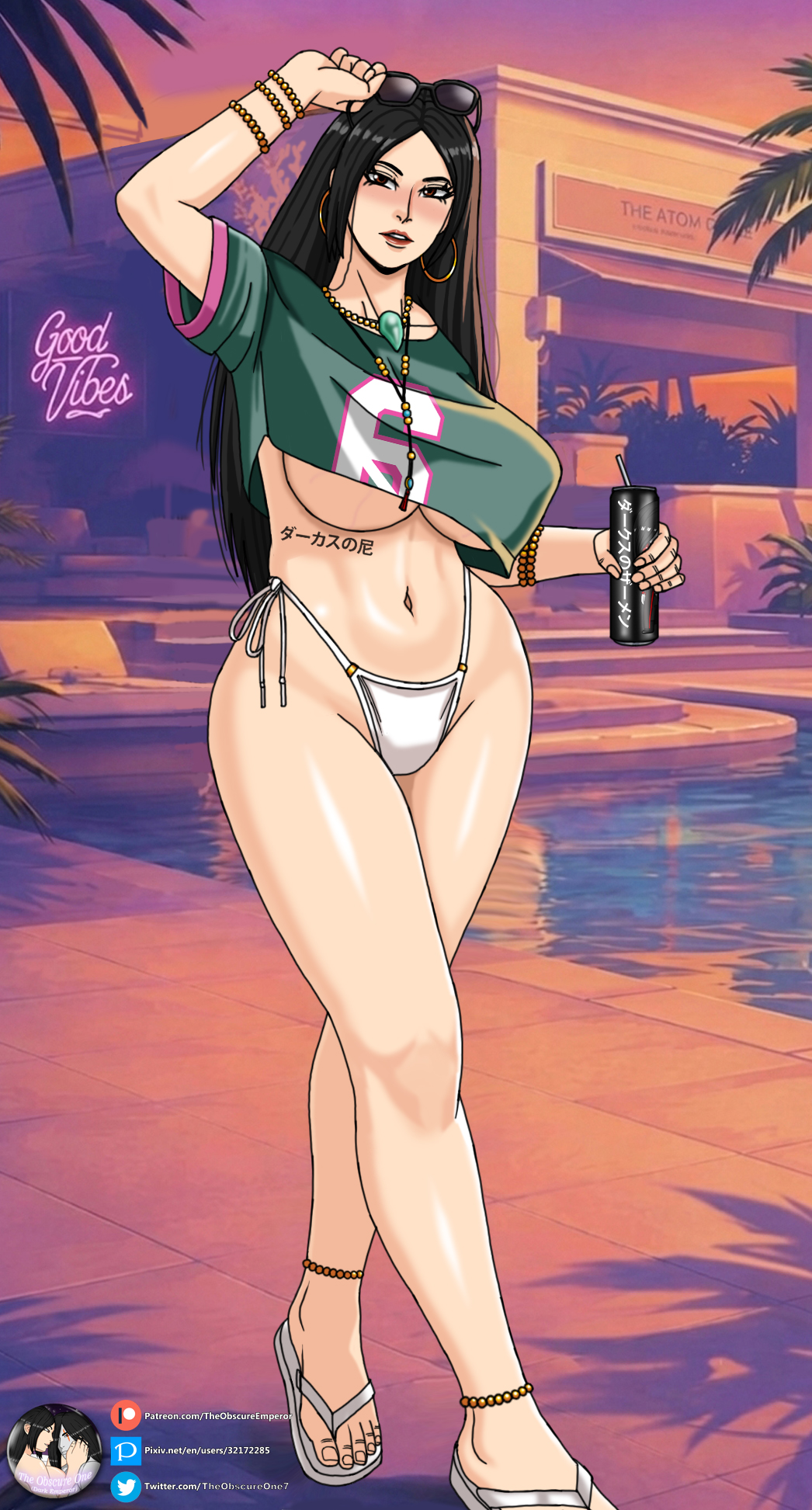 1girls, amaterasu (smite), anklet, areolae, asian, asian female, asian mythology, bikini, black hair, bracelet, breasts, brown eyes, can, clothed, darkus (theobscureone), deity, earrings, erect nipples, erect nipples under clothes, glasses, goddess, gta vi cover girl, hoop earrings, huge breasts, japanese, japanese female, japanese mythology, jersey, jewelry, large breasts, long hair, magatama, married female, married woman, milf, mythology, navel, necklace, nipples, outdoor, pool, poolside, pussy, sandals, smite, solo, standing, summer, sunglasses, tattoo, theobscureone, underboob, vagina, veiny breasts