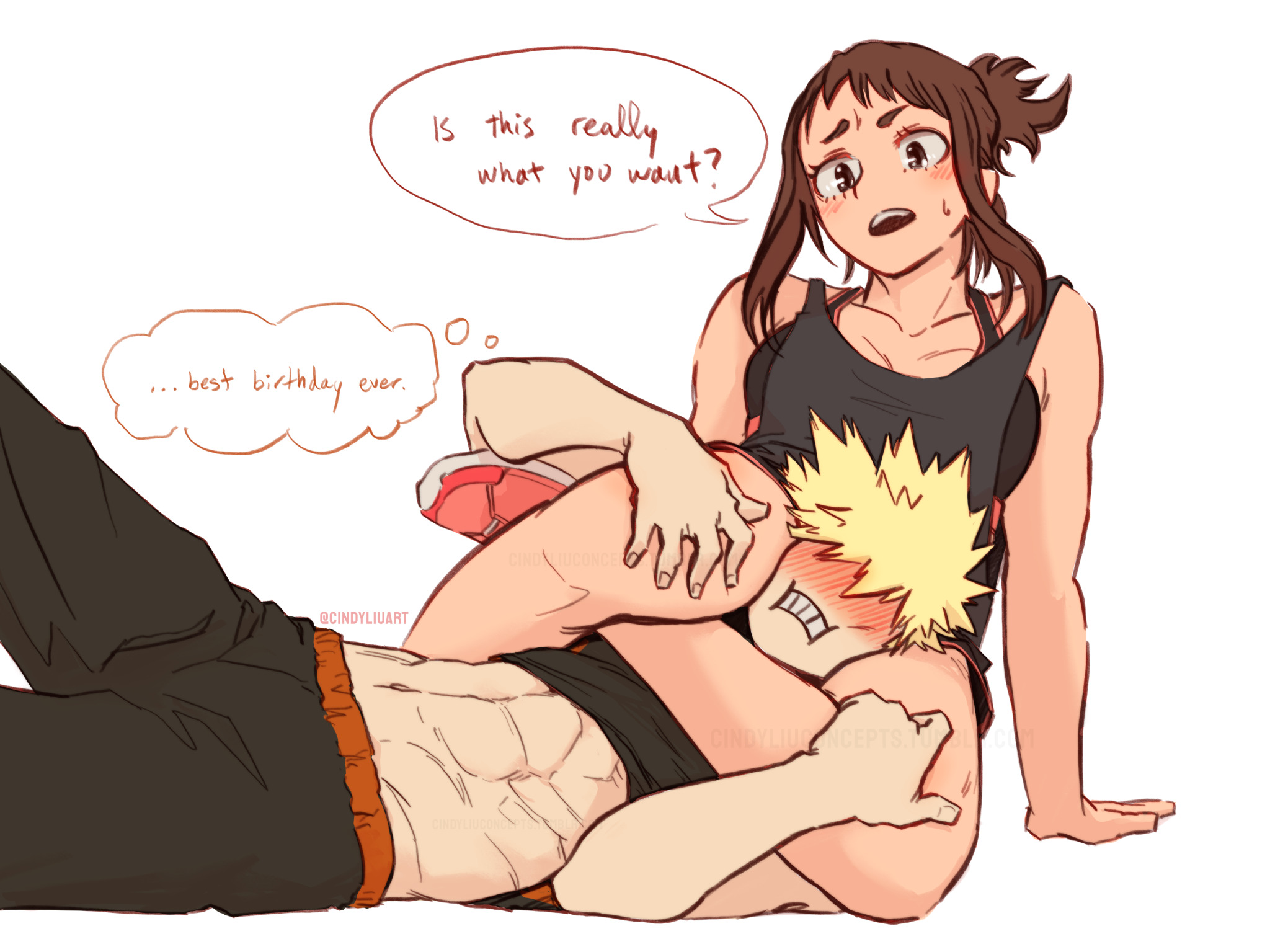 1boy, 1girls, bakugou katsuki, birthday, blonde hair, blonde-haired male, blush, boku no hero academia, dialogue, english text, female, head between legs, head between thighs, katsuki bakugou, leglock, male/female, my hero academia, ochako uraraka, shirt lift, shirt up, speech bubble, sports bra, sporty, straight, uraraka ochako