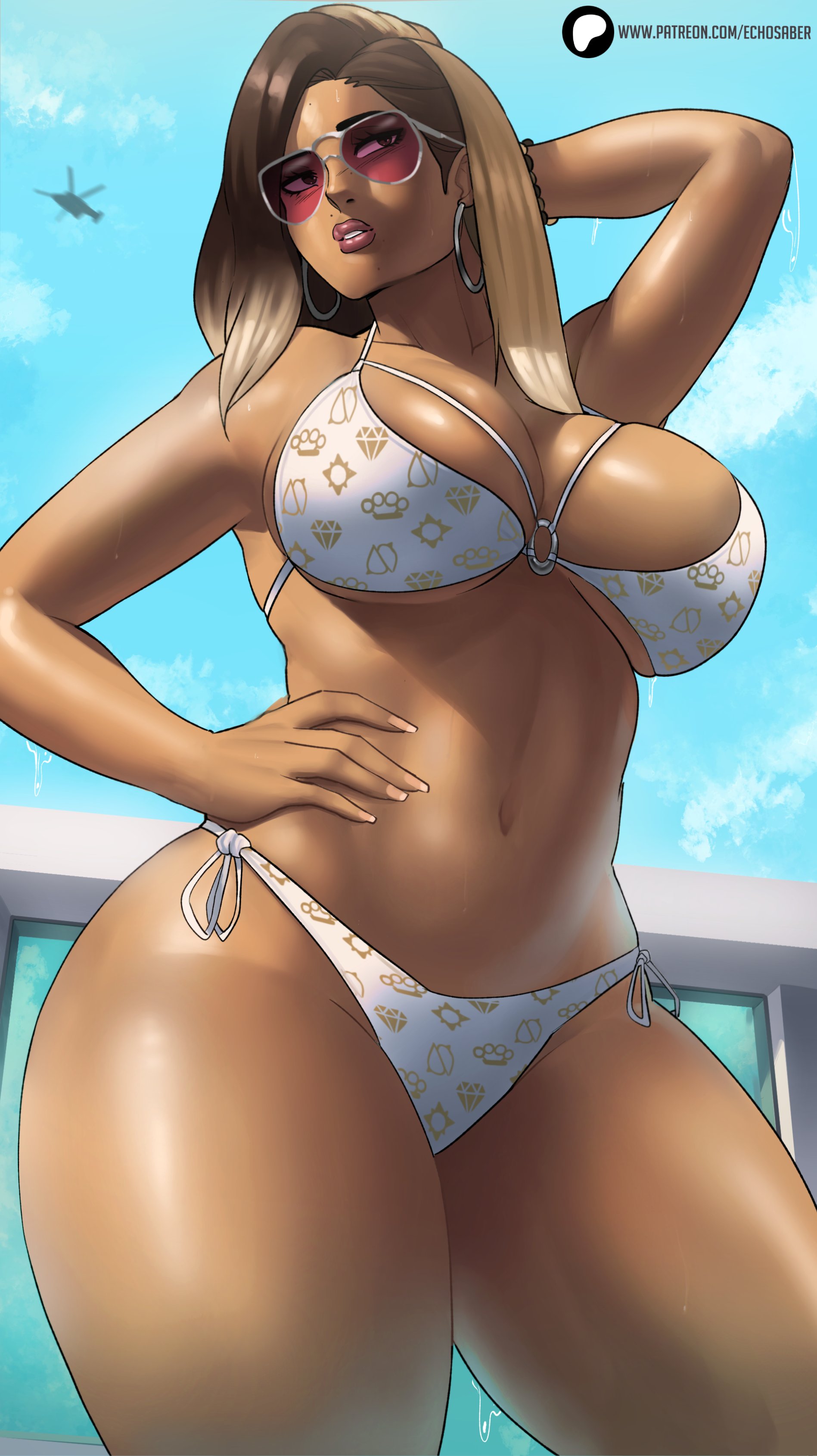 1girl, 1girls, 2d (artwork), absurdres, aircraft, alternate breast size, arm behind head, arm up, bare arms, bare shoulders, bare skin, bare thighs, beautiful woman, big breasts, bikini, bikini bottom, bikini top, blonde hair, bracelet, brand name imitation, breasts, brown hair, busty, cleavage, clothed, clothed female, clothing, commentary, contrapposto, cosplay, cowboy shot, curvy, curvy female, dark skin, dark-skinned female, earrings, echo saber, echosaber, english commentary, eyewear, female, female only, from below, grand theft auto, grand theft auto vi, hand behind head, hand on own head, hand on own hip, helicopter, highres, hoop earrings, jewelry, large breasts, leaning to the side, long hair, looking to the side, louis vuitton, lucia caminos, mature woman, mole, mole above mouth, mole under mouth, multicolored hair, multiple moles, navel, o-ring, o-ring bikini, o-ring top, outdoors, outside, paid reward available, parted bangs, patreon username, pose, posing, purple-tinted eyewear, sideways glance, solo, stomach, straddling, sunglasses, swimsuit, swimwear, tan skin, thick, thick female, thick thighs, thighs, tinted eyewear, two-tone hair, unbothered, underboob, web address, white bikini, white bikini bottom, white bikini top