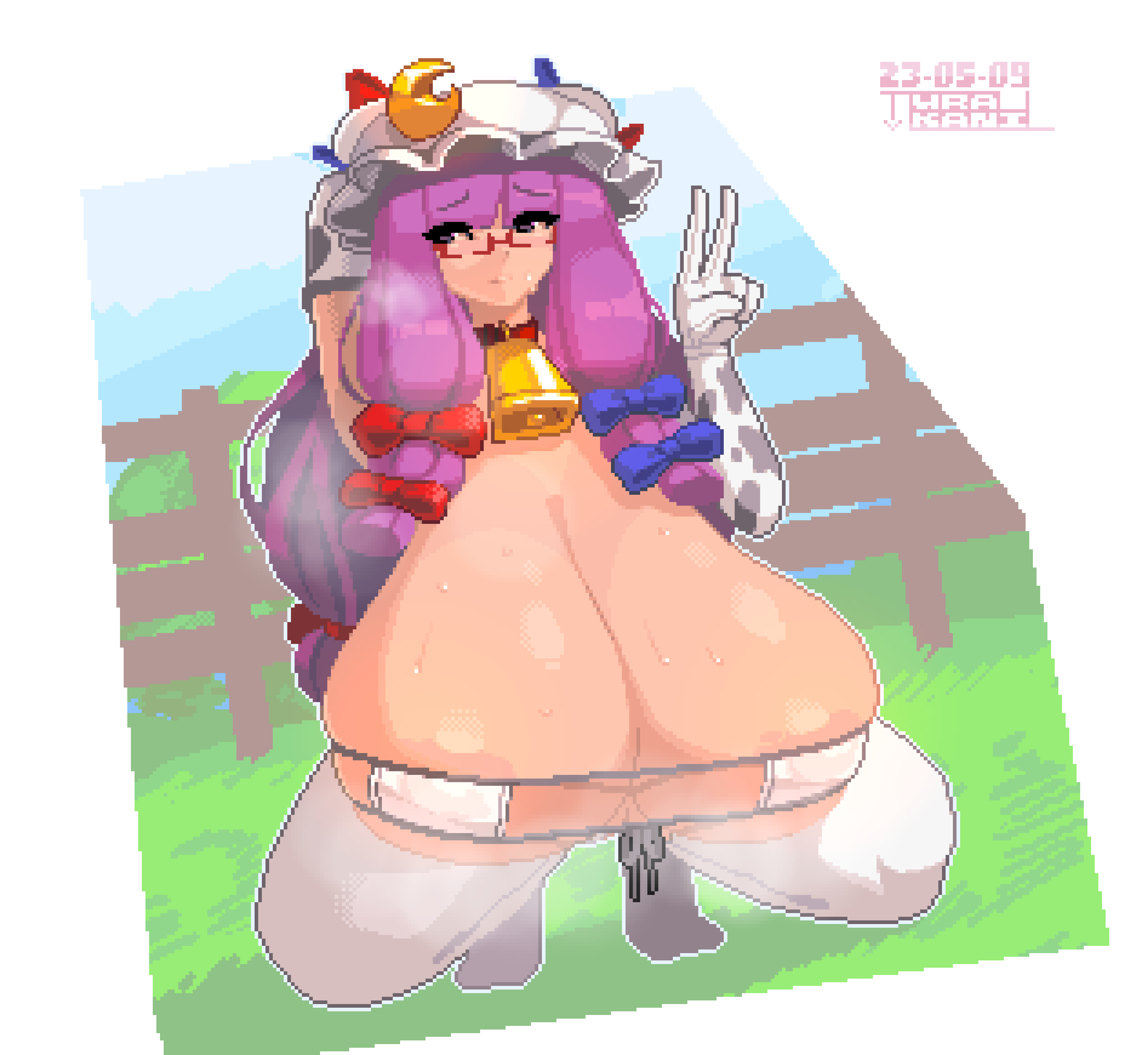 absurd_res artist_signature bikini cow_print cowbell crescent_hat_ornament farm fence glasses gloves grass hair_ribbons highres huge_breasts massive_breasts mob_cap patchouli_knowledge peace_sign pixel_art purple_eyes purple_hair squatting suwacrab sweat thick_thighs thighhighs tied_hair touhou