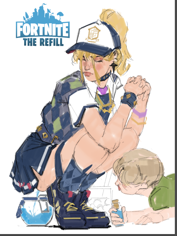 1boy, 1girl, blonde hair, blush, chug jug, fortnite, hat, helsie (fortnite), peeing, skirt, squatting, streaked hair, sweater vest
