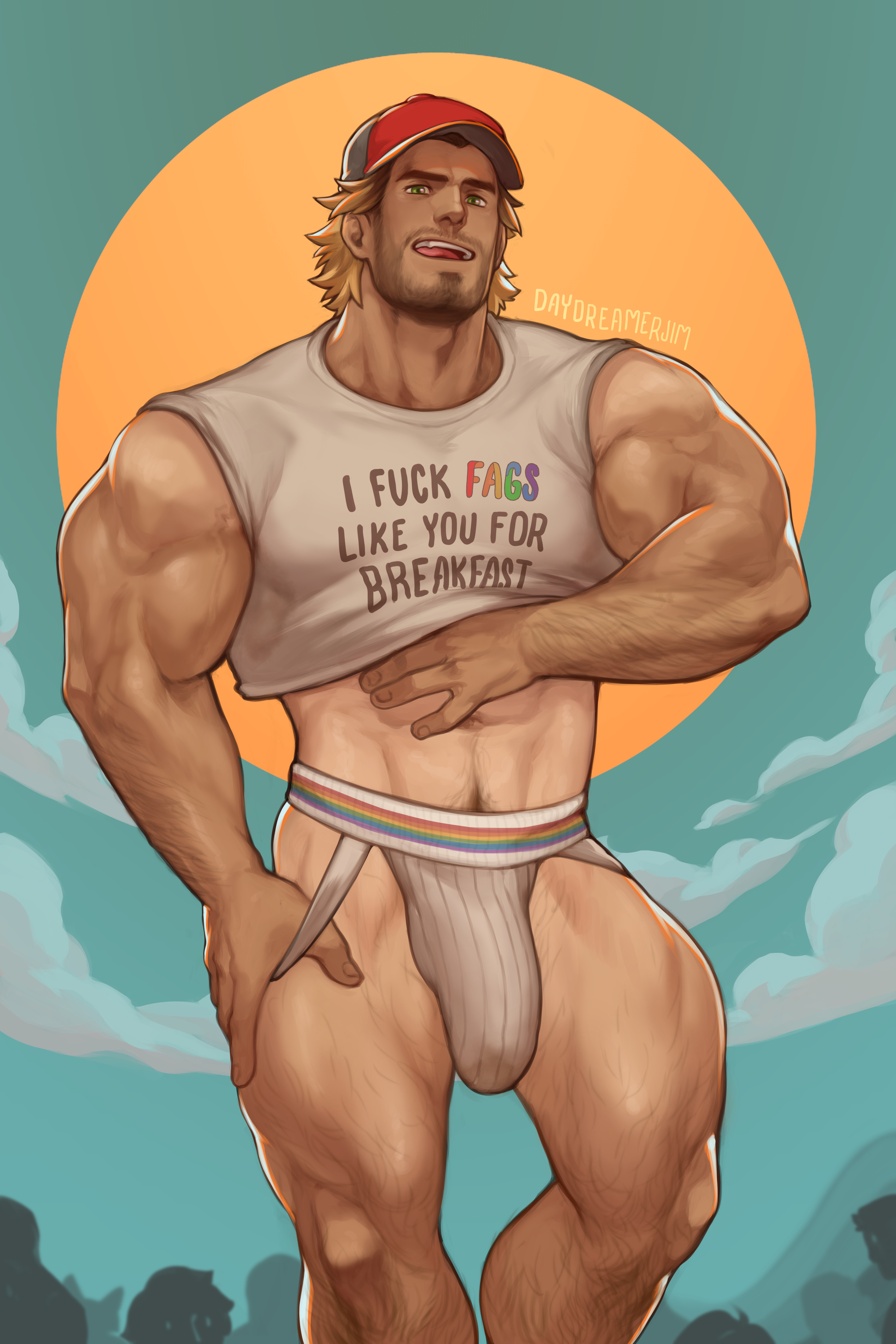 1boy, abs, bara, biceps, big bulge, body hair, bulge, clothing, daydreamerjim, facial hair, gay, gay male, hat, human, human only, jockstrap, leg hair, light skin, light-skinned male, looking at viewer, male, male only, mammal, manly, mature male, muscles, muscular, muscular male, penis outline, solo, solo focus, solo male, underwear, yaoi