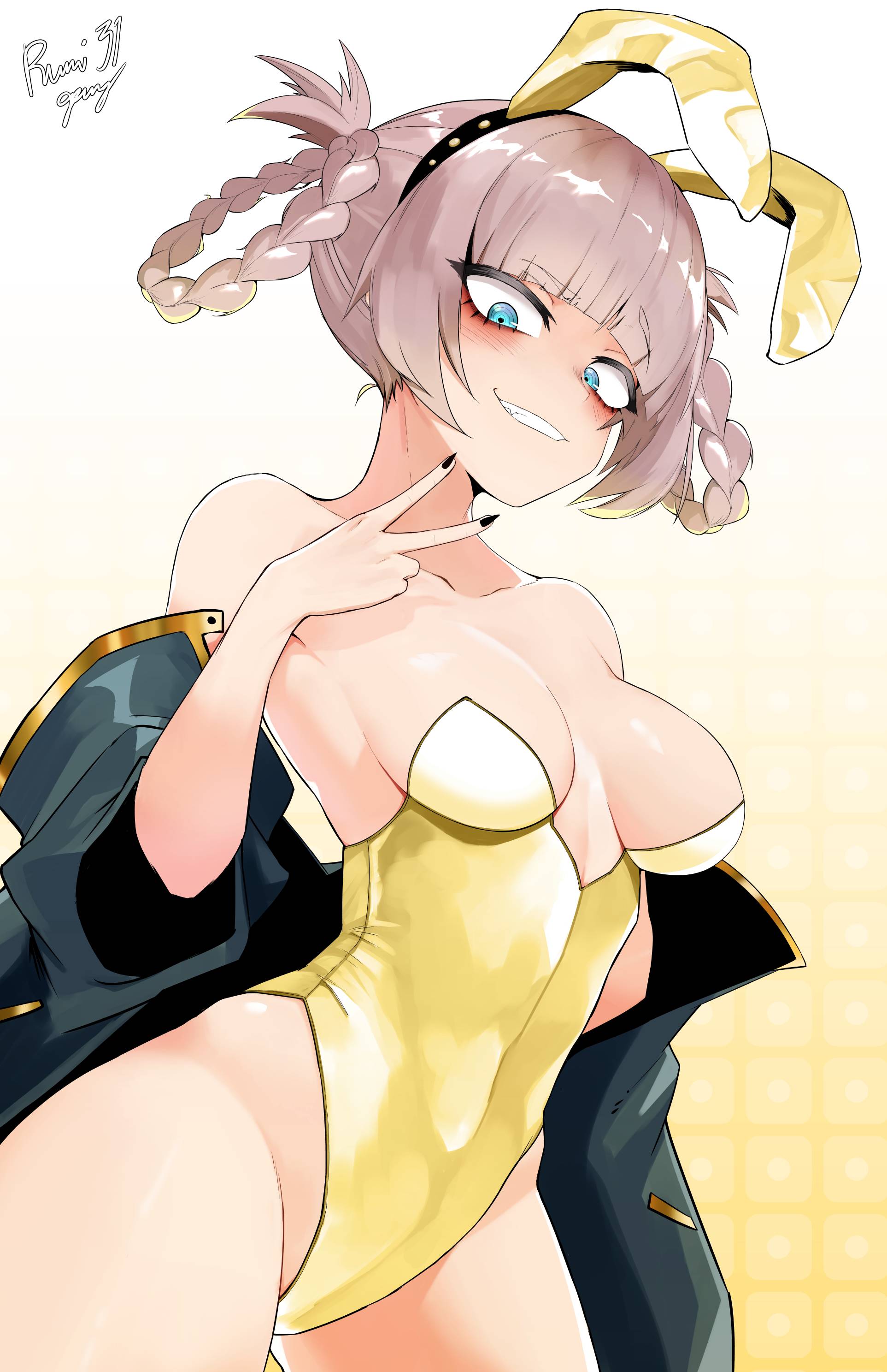 1girls, 2d, 2d (artwork), 2d artwork, adult, adult female, anime, anime character, anime girl, artist name, asian, asian girl, asian woman, average breasts, background, bangs, bare chest, bare hands, bare hips, bare legs, bare shoulders, bare skin, bare thighs, belly, belly button, below view, black coat, black fingernails, black jacket, black nail polish, black nails, blue eyes, blue-eyed female, blunt bangs, blush face, blushing, blushing at viewer, blushing female, braid, braided hair, braided pigtails, braided twintails, braids, breasts, breasts apart, bunny costume, bunny ears, bunnygirl, bunnygirl outfit, bunnysuit, call of the night, coat, collarbone, color, colored, colored nails, cowboy shot, curvaceous, curvaceous body, curvaceous female, curvaceous figure, curvaceous hips, curvaceous thighs, curvy, curvy body, curvy female, curvy figure, curvy hips, curvy thighs, digital, digital art, digital drawing, digital drawing (artwork), digital media, digital media (artwork), down angle, drawing, drooping breasts, elbows, exposed chest, exposed hips, exposed legs, exposed shoulders, exposed skin, exposed thighs, eyebrows visible through hair, eyes, fanart, female, female focus, female only, female protagonist, female vampire, fingernails, fingers, fit female, flushed, flushed cheeks, flushed face, from below, from below view, from side, glistening boobs, glistening breasts, glistening hair, glistening legs, glistening shoulders, glistening skin, glistening thighs, glossy breasts, glossy hair, gradient background, grey hair, grey-haired female, grin, grinning, grinning at viewer, groin, hairband, head tilt, headwear, hip dips, hips, hourglass figure, inframammary fold, inguinal crease, inguinal ligament, jacket, japanese, japanese female, japanese woman, lean figure, leg out of frame, legs out of frame, leotard, lidenfilms, linea alba, looking at viewer, looking down, looking down at viewer, low angle, low angle view, low-angle shot, low-angle view, main character, manga character, mature, mature female, mature woman, medium breasts, multicolored background, nail polish, nails, nanakusa nazuna, narrow waist, navel, open coat, open jacket, painted nails, parted lips, peace sign, plain background, portrait, posing, posing for the viewer, protagonist, rumigawa31, sagging boobs, sagging breasts, saggy boobs, saggy breasts, seductive grin, shiny breasts, shiny hair, shiny legs, shiny shoulders, shiny skin, shiny thighs, short hair, shoulders, shounen protagonist, side view, sideboob, sidelocks, sign, slender body, slender waist, slim female, slim waist, smile, smiley face, smiling, smiling at viewer, solo, standing, stomach, thick thighs, thighs, three quarter view, three-quarter view, tied hair, tilted head, toned, toned belly, toned body, toned female, top view, topwear, twin braids, two-tone background, under view, underboob, upper body, v, v sign, vampire, vampire girl, vampire teeth, voluptuous, voluptuous body, voluptuous female, voluptuous figure, voluptuous woman, white background, wide grin, wide hips, woman, yellow background, yellow bunny ears, yellow bunnysuit, yellow hairband, yellow headwear, yellow leotard, yellow topwear, yofukashi no uta