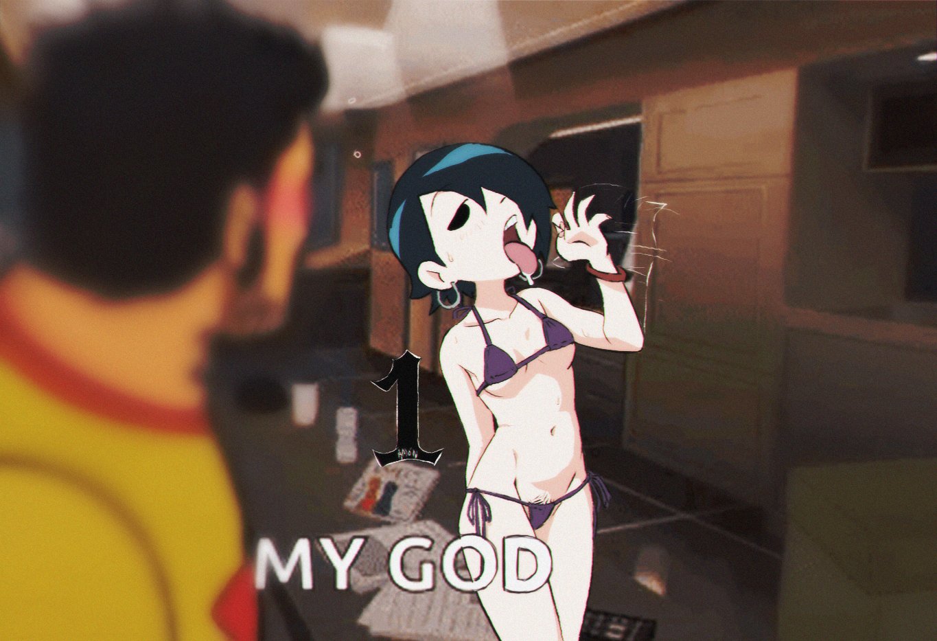 1boy, 1girls, amondetauro, bikini, fellatio gesture, knives chau, pubic hair peek, scott pilgrim, skimpy bikini