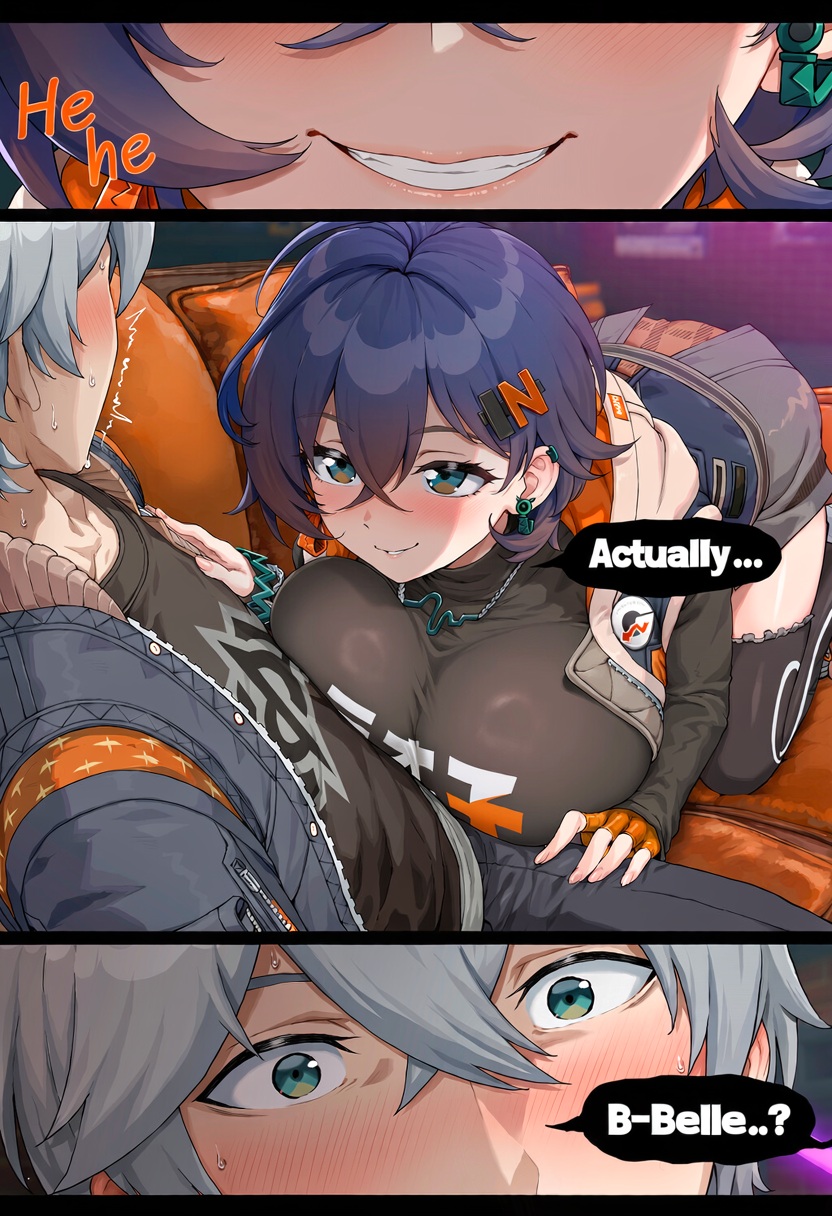 1boy, 1girls, ai generated, belle (zenless zone zero), blue hair, blush, blushing, breasts, brother and sister, clothed, comic, comic page, couch, cute, dialogue, duo, english text, female, grey hair, hair ornament, hoyoverse, imminent sex, incest, male, male/female, mihoyo, mihoyo technology (shanghai) co. ltd., panels, penetration, pillow, speech bubble, straight, text, wet pussy, wise (zenless zone zero), zenless zone zero