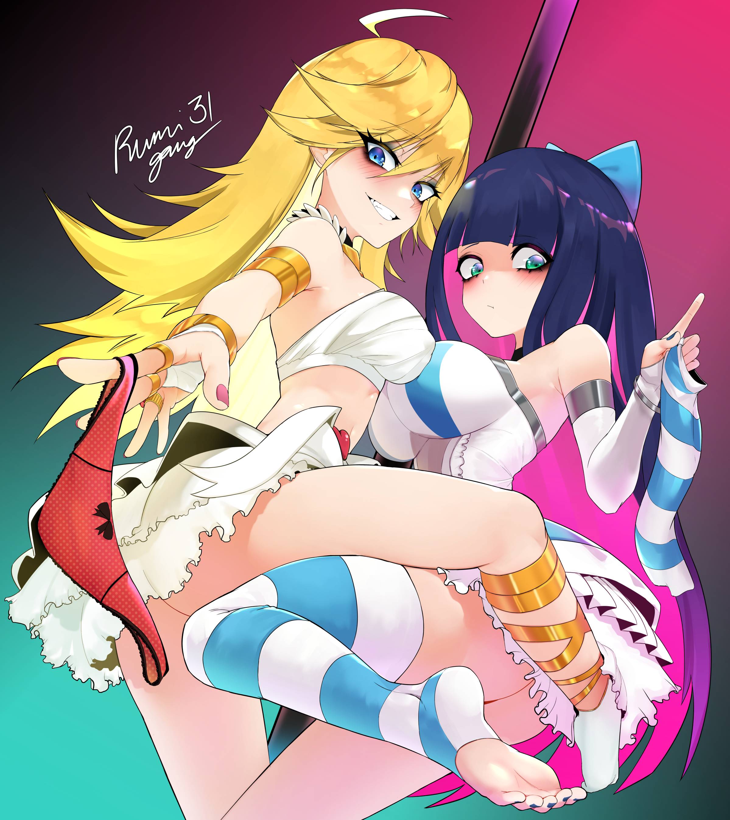 ///, 2d, 2d (artwork), 2d artwork, 2girls, adult, adult female, ahoge, ankles, ass, ass cleavage, ass crack, background, bangs, below view, big boobs, big breasts, big sister, black background, black eyebrows, black eyeliner, black hair, black-haired female, blank expression, blank eyes, blank stare, blonde, blonde eyebrows, blonde female, blonde hair, blonde hair female, blonde-haired female, blood related, blue background, blue eyes, blue fingernails, blue legwear, blue nail polish, blue nails, blue stockings, blue thigh highs, blue thighhighs, blue toenail polish, blue toenails, blue-eyed female, blunt bangs, blush face, blush lines, blushing, blushing at viewer, blushing female, blushing lines, bottomwear, breast press, breast press on chest, breast squeeze, breasts, breasts press, breasts pressed against another, breasts pressed against partner, breasts pressed together, busty, busty female, busty girl, butt, calves, color, colored, colored hair, colored inner hair, colored nails, dark hair, digital, digital art, digital drawing, digital drawing (artwork), digital media, digital media (artwork), down angle, down view, drawing, duo, dynamic angle, elbows, emotionless, eyebrows, eyebrows visible through hair, eyeliner, eyes, feet, female, female focus, female only, fingernails, fingers, flushed, flushed cheeks, flushed face, from below, from below view, from bottom to top, from side, full body, gradient background, green eyes, green-eyed female, grin, grinning, grinning at viewer, groin, hair between eyes, head tilt, hips, huge boobs, huge breasts, inframammary fold, knees, large boobs, large breasts, lean figure, legs, legwear, little sister, long hair, looking at viewer, looking down, looking down at viewer, low angle, low angle view, low-angle shot, low-angle view, mature, mature female, mature woman, multicolored background, multicolored hair, multiple females, multiple girls, nail polish, nails, narrow waist, neutral expression, nipple bulge, older sister, painted nails, panchira, panchira (standing), panties, panty & stocking with garterbelt, panty anarchy, parted lips, pink background, pink hair, pink hair female, pink-haired female, plain background, plump breasts, pole, portrait, posing, posing for the viewer, pressing breast on partner, pressing breasts, pressing breasts together, pushing breasts together, red bottomwear, red panties, red underwear, ribbon panties, rubbing breasts, rumigawa31, seductive grin, shoulders, siblings, side view, sideboob, sidelocks, sister and sister, sisters, skirt, slender body, slender waist, slim female, slim waist, smile, smiley face, smiling, smiling at viewer, soles, split-color hair, squeezing breast, squeezing breasts, squeezing breasts together, standing, stirrup legwear, stirrup stockings, stirrup thigh highs, stirrup thighhighs, stocking anarchy, stockings, striped legwear, striped stockings, striped thigh highs, striped thighhighs, thick ass, thick butt, thick thighs, thigh highs, thighhighs, thighs, tilted head, toenail polish, toenails, toes, top down view, top view, two tone hair, two-tone hair, under view, underboob, underwear, upskirt, upward angle, white bottomwear, white legwear, white skirt, white stockings, white thigh highs, white thighhighs, wide grin, woman, worm's-eye view, worms-eye view, yellow eyebrows, yellow hair, yellow-haired female, younger sister