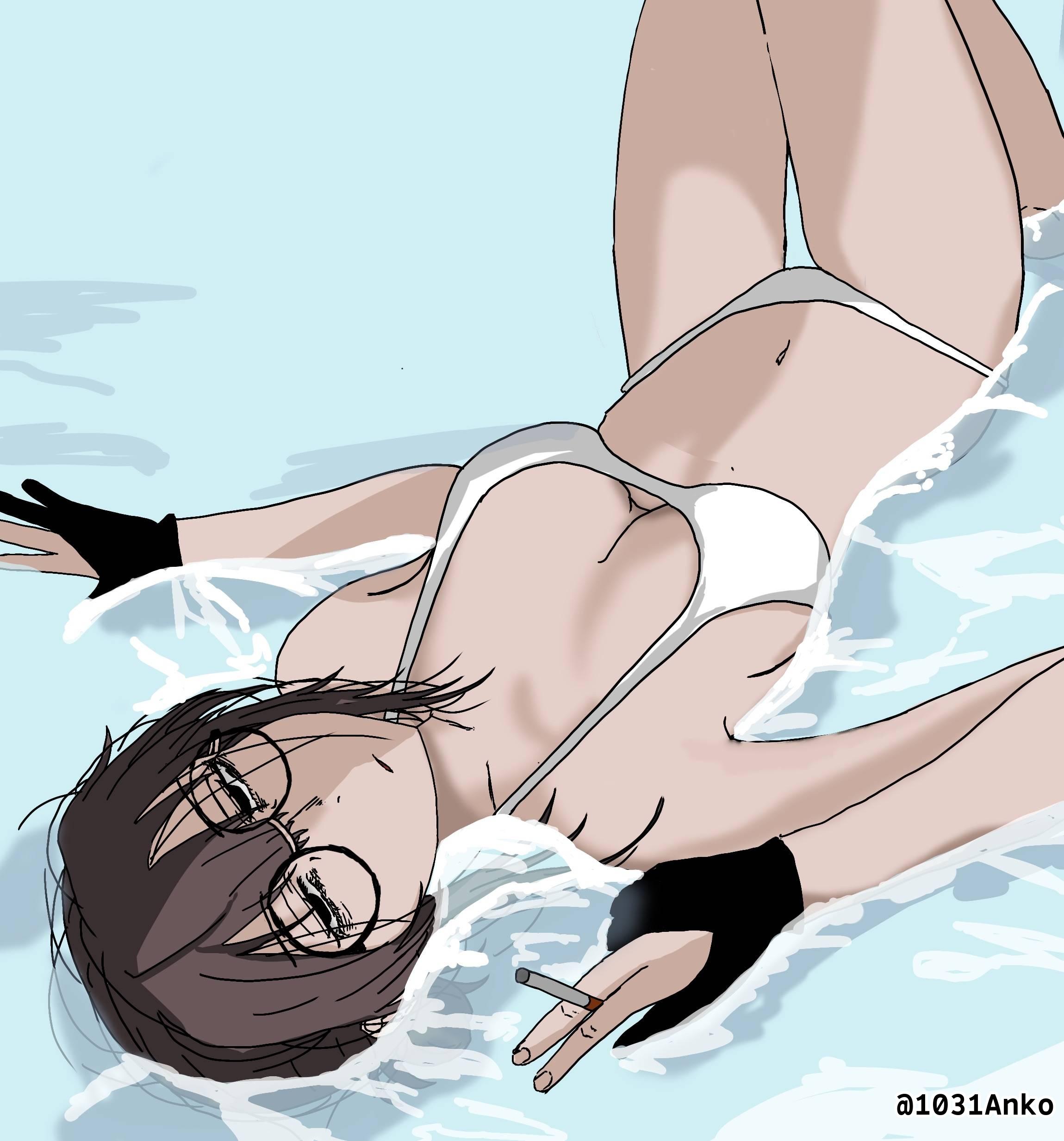 1girls, 2d, 2d (artwork), 2d artwork, adult, adult female, almost naked, almost nude, anime, anime character, anime girl, armpits, asian, asian female, asian woman, bare armpits, bare arms, bare belly, bare chest, bare hands, bare hips, bare legs, bare midriff, bare navel, bare shoulders, bare skin, bare thighs, belly, belly button, bikini, bikini bottom, bikini only, bikini top, black eyes, black gloves, black half gloves, black handwear, black-eyed female, blank expression, blank eyes, blank stare, bored, bored expression, breasts, brown eyebrows, brown hair, brown-haired female, brunette, brunette female, brunette hair, brunette-haired female, busty, busty female, busty girl, call of the night, circle glasses, circular glasses, cleavage, collarbone, colored, digital, digital art, digital drawing, digital drawing (artwork), digital media, digital media (artwork), drawing, emotionless, exhausted, exhausted female, exposed, exposed armpits, exposed arms, exposed belly, exposed chest, exposed hips, exposed legs, exposed midriff, exposed navel, exposed shoulders, exposed skin, exposed thighs, eyebrows, eyebrows visible through hair, eyes, eyewear, eyewear on head, fanart, female, female focus, female only, fingernails, fingers, glasses, glasses on face, glasses on head, gloves, groin, hair between eyes, half gloves, half-closed eyes, halterneck, handwear, head tilt, hips, japanese, japanese female, japanese woman, knees up, large breasts, lean figure, lidenfilms, long hair, looking at viewer, looking up, looking up at viewer, lying, lying down, lying on back, lying on floor, lying on ground, manga character, mature, mature female, mature woman, messy hair, midriff, mostly nude, naked, naked female, naked woman, narrow waist, navel, nearly nude, neutral expression, nude, nude female, nudity, on back, on floor, outdoor, outdoor background, outdoor nudity, outdoors, outside, outside nudity, practically nude, round glasses, shoulders, sidelocks, sleepy, slender body, slender waist, slim female, slim waist, solo, string bikini, swimsuit, swimwear, thigh gap, thighs, tilted head, tired, tired expression, tired eyes, tired look, uguisu anko, water, water background, white bikini, white bikini bottom, white bikini top, white swimsuit, white swimwear, woman, yofukashi no uta