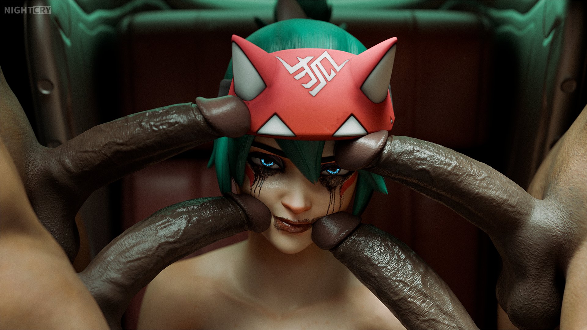 1girls, 3d, 4 penises, 4boys, blue eyes, dark skin, dark-skinned male, green hair, interracial, kiriko (overwatch), kiriko kamori, light skin, light-skinned female, looking at viewer, mascara, mascara tears, meme, multiple penises, nightcrynsfw, overwatch, overwatch 2, penis, penis on face, redline surrounded by guns (meme), spine (game), surrounded by penises, tagme, trend