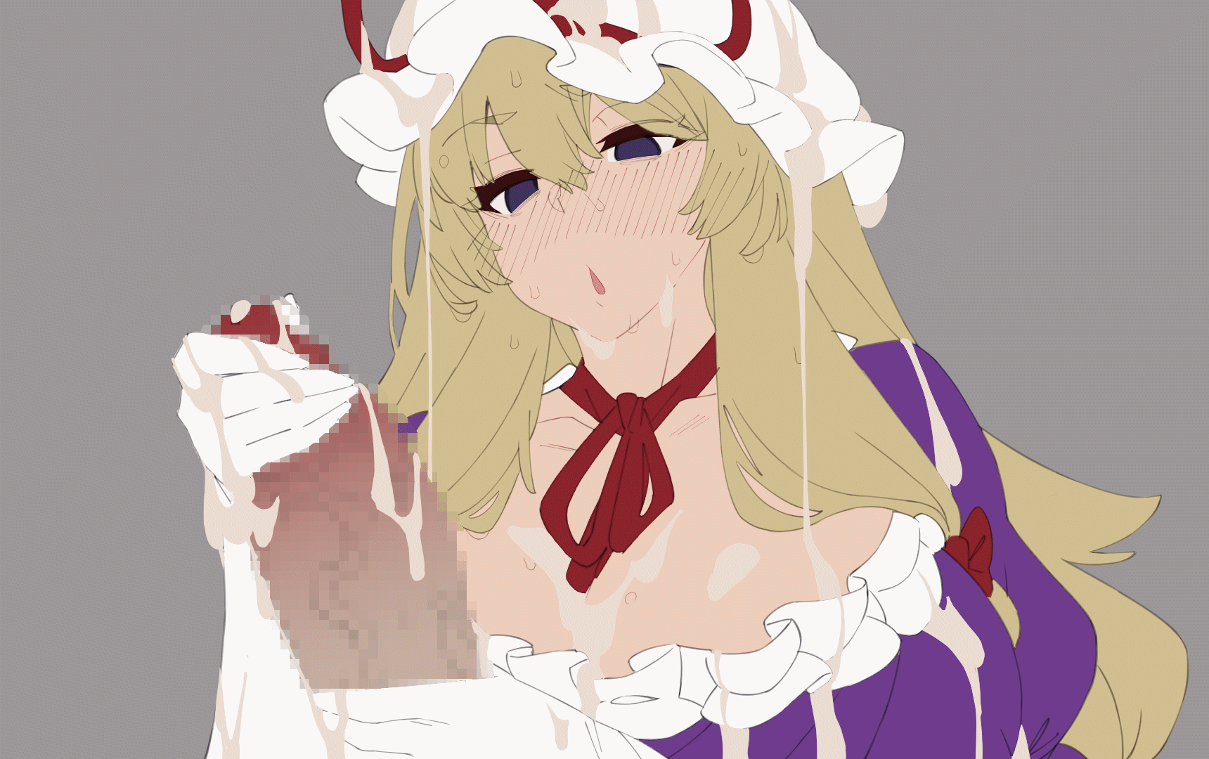 :o, 1boy, 1girls, animated, animated gif, blonde hair, bow, breasts, buckethead ero, cleavage, continuous ejaculation, cum, cum on body, cum on breasts, cum on clothes, cum on headwear, dress, ejaculation, facial, flat colors, gloved handjob, gloves, hair bow, handjob, hat, hat ribbon, highres, huge breasts, long hair, looping animation, mob cap, mosaic censoring, parted lips, penis, purple dress, purple eyes, ribbon, simple background, touhou, unfinished, yukari yakumo
