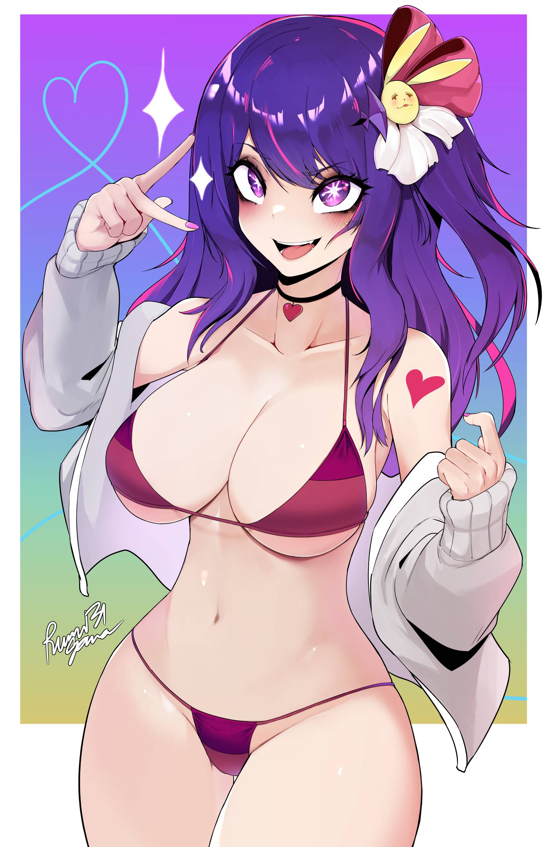 1girls, 2d, 2d (artwork), 2d artwork, accessory, adult, adult female, anime, anime character, anime girl, anime milf, arm tattoo, asian, asian female, asian girl, asian woman, background, baddie, bare armpits, bare belly, bare chest, bare hands, bare hips, bare legs, bare midriff, bare navel, bare shoulders, bare skin, bare thighs, belly, belly button, bewitching thighs, big boobs, big breasts, bikini, bikini bottom, bikini top, black choker, black neckwear, breasts, busty, busty female, busty girl, busty milf, child bearing hips, choker, cleavage, collarbone, color, colored, colored hair, colored nails, cowboy shot, curvaceous, curvaceous body, curvaceous female, curvaceous figure, curvaceous hips, curvy, curvy body, curvy female, curvy figure, curvy hips, curvy milf, digital, digital art, digital drawing, digital drawing (artwork), digital media, digital media (artwork), doga kobo, drawing, elbows, exposed armpits, exposed belly, exposed chest, exposed hips, exposed legs, exposed midriff, exposed navel, exposed shoulders, exposed skin, exposed thighs, eye-level view, eyebrows visible through hair, eyes, facing viewer, fanart, female, female focus, female human, female only, female protagonist, fertile, fertile hips, fingernails, fingers, from front, front view, glistening belly, glistening boobs, glistening breasts, glistening hair, glistening legs, glistening skin, glistening thighs, glossy breasts, glossy hair, green background, groin, hair accessory, hair between eyes, hair ornament, hair ornaments, halterneck, hip dips, hips, hoshino ai, hot milf, hourglass figure, human, human female, human only, inguinal crease, inguinal ligament, japanese, japanese female, japanese girl, japanese woman, large boobs, large breasts, lascivious, lean figure, leg out of frame, legs out of frame, long hair, looking at viewer, main character, manga character, mature, mature female, mature woman, micro bikini, midriff, milf, mommy, mother, multicolored background, multicolored eyes, multicolored hair, nail polish, nails, naked shirt, narrow waist, navel, neckwear, nipple bulge, one side up, open clothes, open clothing, open mouth, open mouth smile, open shirt, open topwear, oshi no ko, painted nails, parted lips, peace sign, pink eyes, pink hair, pink hair female, pink-eyed female, plain background, portrait, posing, posing for the viewer, posing naked, posing nude, protagonist, purple background, purple eyebrows, purple eyes, purple fingernails, purple hair, purple nail polish, purple nails, purple-eyed female, purple-haired female, red bikini, red bikini bottom, red bikini top, red micro bikini, red swimsuit, red swimwear, red tattoo, rumigawa31, sexy female, shiny belly, shiny breasts, shiny hair, shiny legs, shiny skin, shiny thighs, shirt, shoulder tattoo, shoulders, shueisha, sign, skimpy bikini, skindentation, slender body, slender waist, slim female, slim waist, small bikini, smile, smiley face, smiling, smiling at viewer, solo, split-color hair, standing, star eyes, star-shaped pupils, string bikini, swimsuit, swimwear, symbol shaped pupils, symbol-shaped pupils, tattoo, tattoo on arm, tattoo on arms, tattoo on shoulder, tattooed, tattooed arm, tattooed arms, tattooed female, tattooed girl, tattooed shoulder, teeth, teeth visible, thick thighs, thigh gap, thighs, thong bikini, tied hair, tongue, top view, two tone hair, two-tone hair, unbuttoned, unbuttoned shirt, unbuttoned topwear, upper body, upper teeth, upper teeth only, v, v sign, voluptuous, voluptuous body, voluptuous female, voluptuous figure, voluptuous milf, voluptuous woman, wavy hair, white shirt, white topwear, wide hips, woman, yellow background, young jump, young milf, young woman and milf