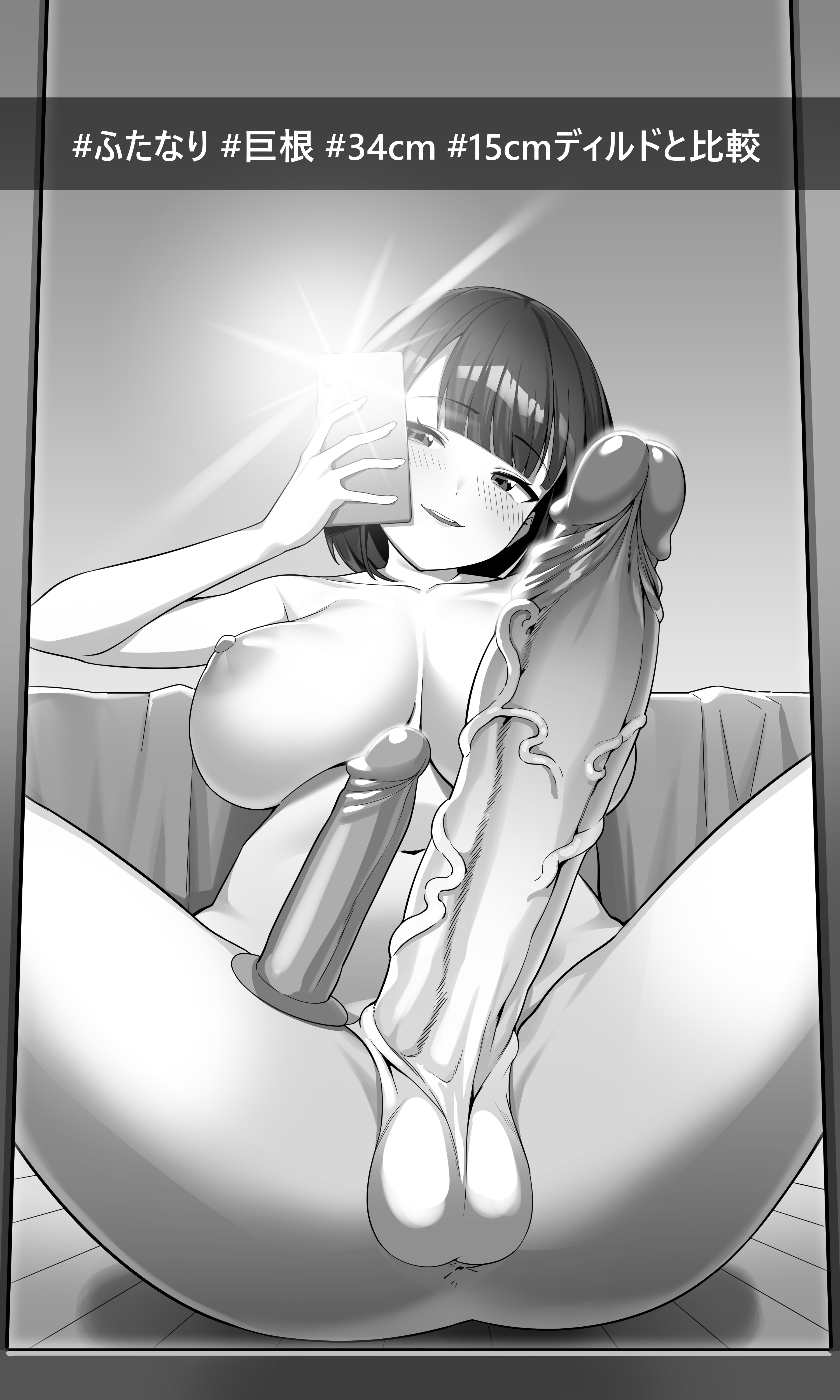 1futa, absurd res, areolae, balls, bangs, big balls, big breasts, black hair, breasts, camera flash, dildo, erection, futa only, futanari, gomu (artist), huge cock, human, intersex, japanese text, measurements, mirror, mirror selfie, nipples, nude, original, penis, phone, pointless censoring, selfie, sex toy, size comparison, snapchat, solo, spread legs, text, uncensored