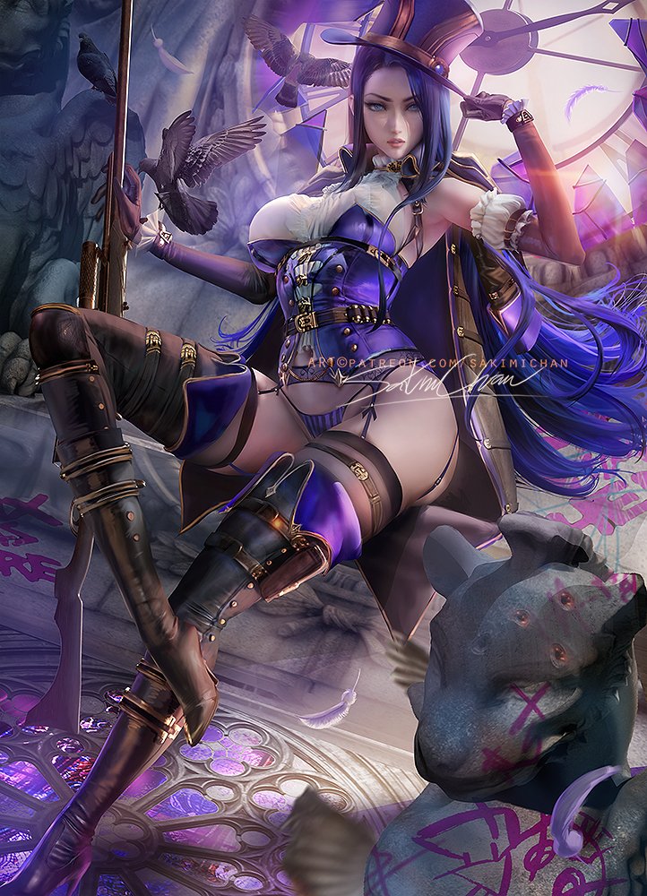 1girls, breasts, caitlyn kiramman, cleavage, female, female only, league of legends, looking at viewer, pinup, sakimichan, solo, thighhighs