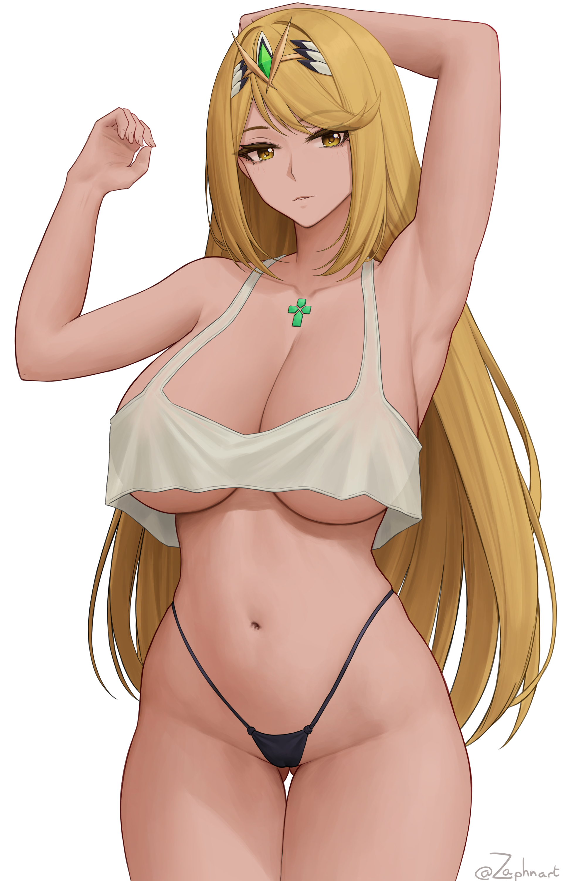 1girls, 2021, alternate breast size, armpits, arms above head, arms up, artist signature, bangs, barely clothed, black panties, blonde hair, breasts, core crystal, female, female only, gold eyes, hair ornament, hi res, hips, huge breasts, long hair, looking at viewer, mythra, nintendo, panties, simple background, sleepwear, slim waist, smile, swept bangs, thick thighs, thighs, tiara, underboob, very long hair, white background, white topwear, wide hips, xenoblade (series), xenoblade chronicles 2, zaphn