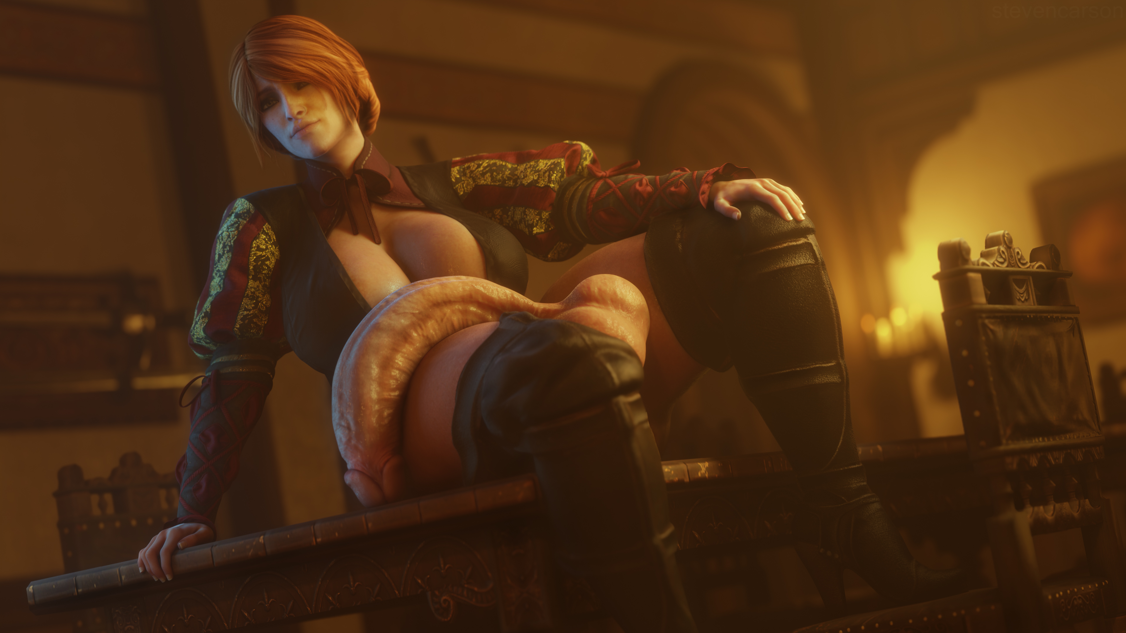 1futa, 3d, 4k, absurdres, anna henrietta, balls, big breasts, breasts, erection, futa only, futanari, highres, huge cock, intersex, large breasts, penis, solo, stevencarson, testicles, the witcher (series), the witcher 3: wild hunt, uncensored