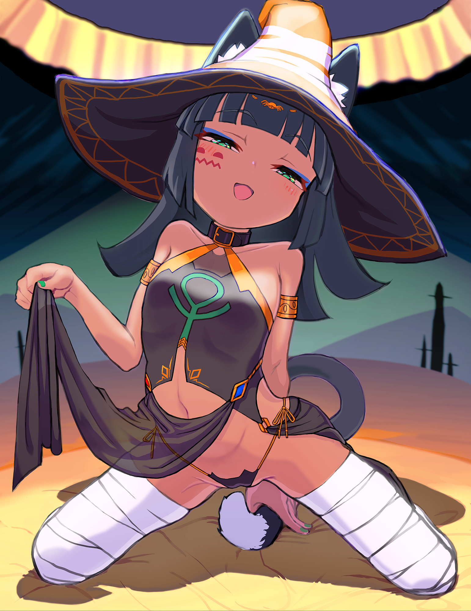 :d, animal ear fluff, animal ears, aqua eyes, armlet, bandaged leg, bandages, bangs, bare shoulders, black hair, black panties, blunt bangs, blush, breasts, cat ears, cat tail, clothes lift, collar, dark skin, dark-skinned female, eyebrows visible through hair, eyeliner, facial mark, female, hat, hayanye, highres, kneeling, lifted by self, loincloth, long hair, looking at viewer, makeup, navel, open mouth, original, panties, pelvic curtain, pelvic curtain lift, reward available, see-through, side-tie panties, small breasts, smile, smug, solo, tail, underwear, witch hat