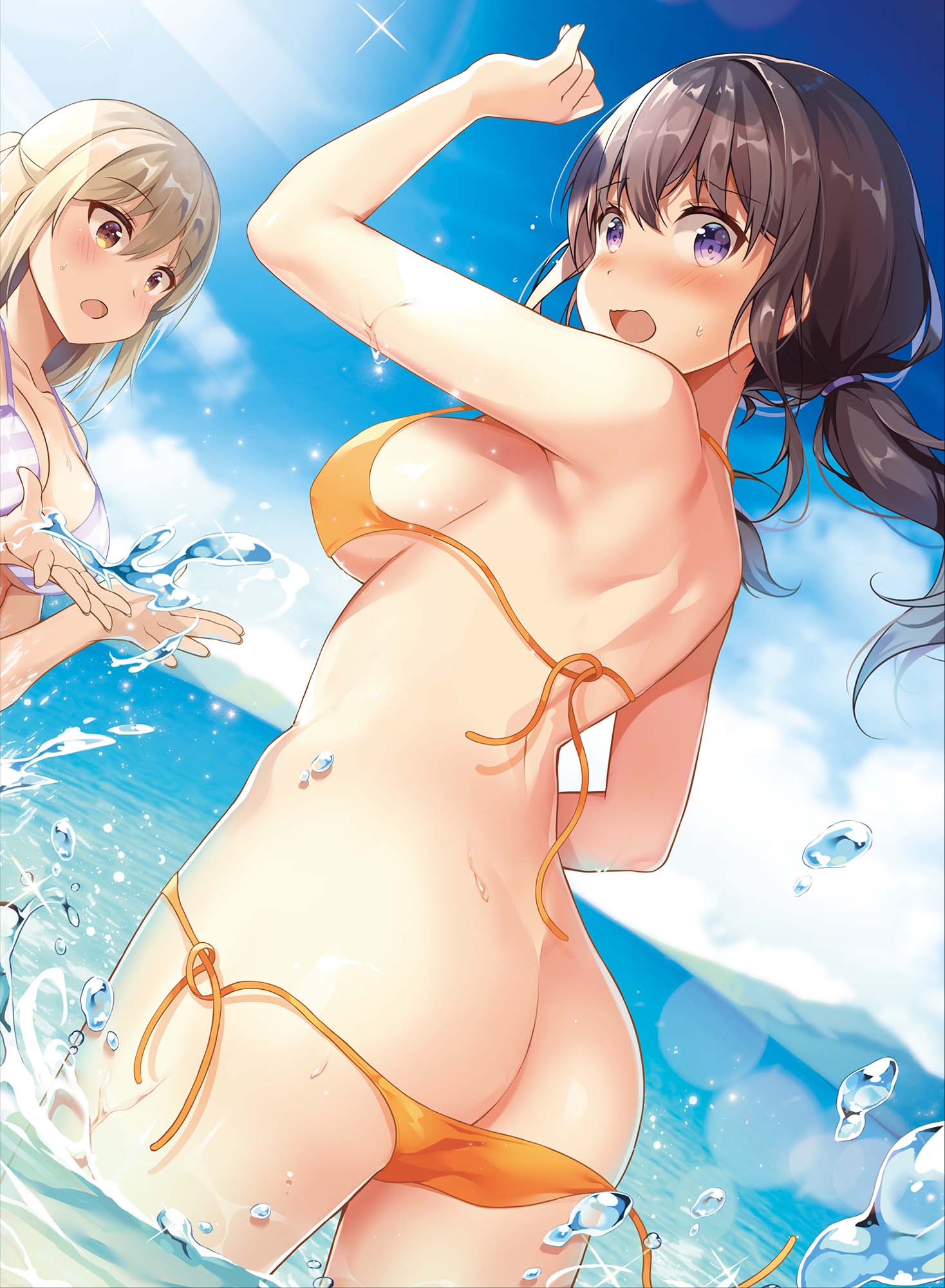 2girls arm_up ass ass_cleavage bangs bare_arms bare_shoulders bikini black_hair blue_sky blush breasts brown_eyes brown_hair butt_crack cleavage cloud day diagonal-striped_bikini diagonal_stripes dutch_angle eyebrows_visible_through_hair female from_behind hair_between_eyes highres horizon long_hair looking_at_another looking_at_viewer looking_back low_twintails medium_breasts multiple_girls ocean orange_bikini original outdoors purple_eyes shiro_kuma_shake side-tie_bikini sky splashing striped striped_bikini swimsuit twintails untied untied_bikini wardrobe_malfunction water