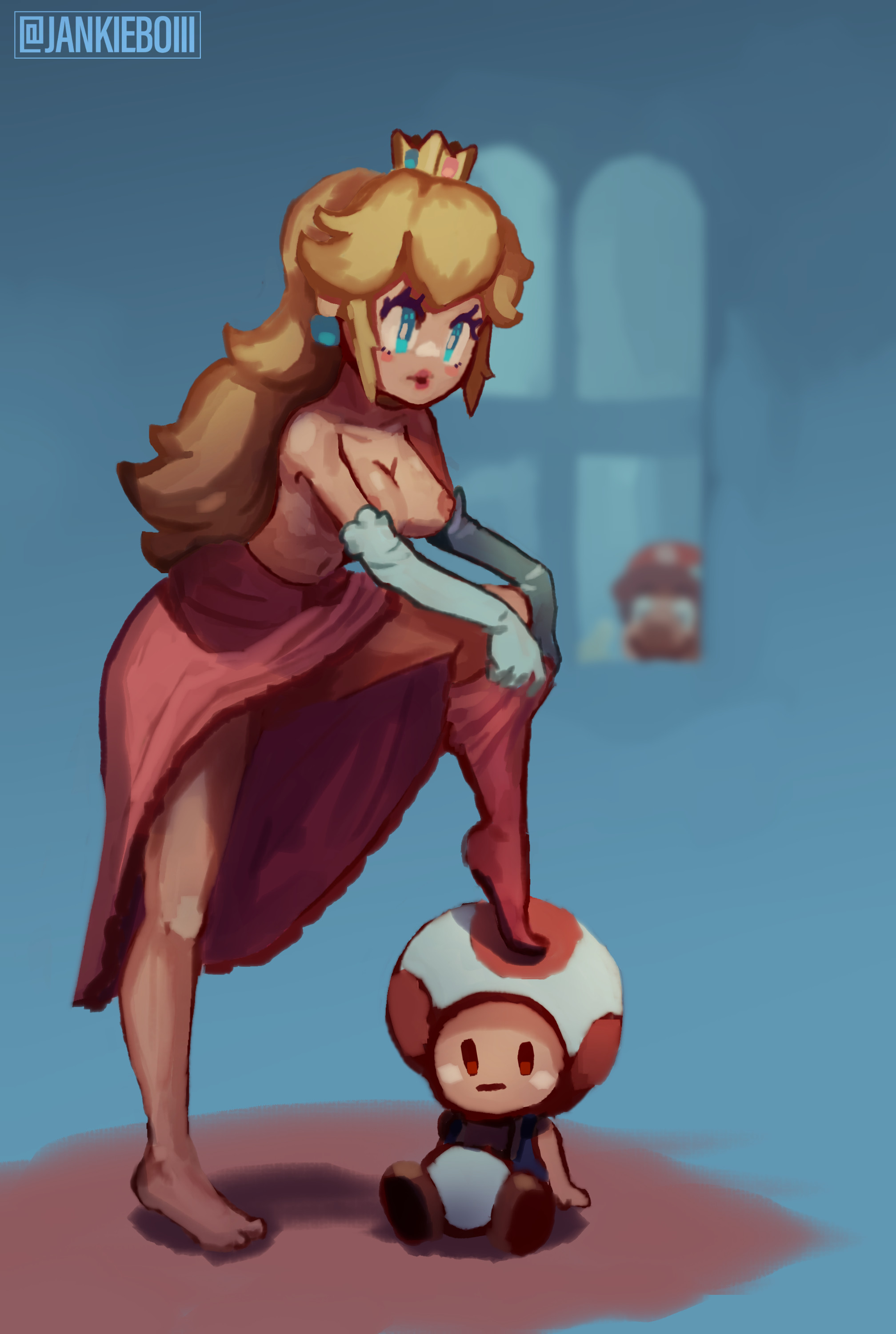 1girls, 2boys, blonde hair, blue eyes, breasts, breasts out, clothing, dressing, elbow gloves, feet, female, gloves, human furniture, indoors, jankieboiii, long hair, looking at another, male, mario, mario (series), multiple boys, multiple males, nipples, princess peach, sitting, standing, stepping, tagme, thighhighs, toad (mario), undressing, window