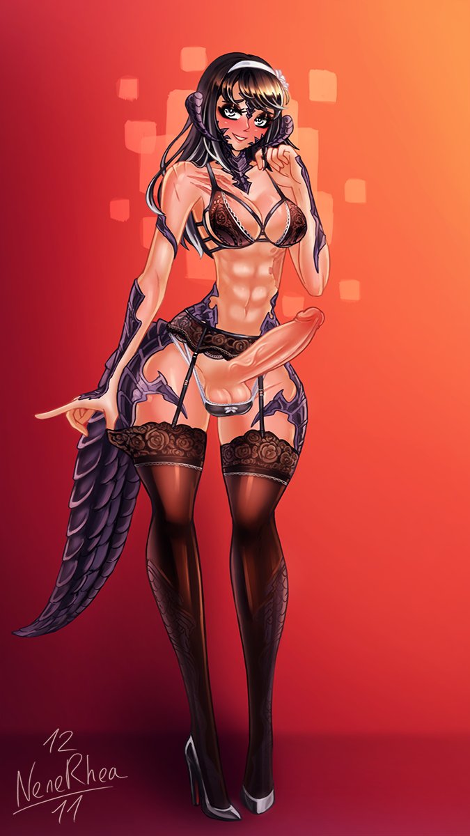 1futa, au ra, balls, balls bra, big balls, big breasts, big penis, breasts, clothed, clothing, commission, erection, final fantasy, final fantasy xiv, futa only, futanari, garter straps, high heels, horns, hourglass figure, humanoid, humanoid penis, intersex, light skin, light-skinned futa, lingerie, mostly nude, nenerhea, original character, pale skin, panties, penis, smile, solo, solo futa, standing, stockings, thick thighs, thighhighs, wide hips