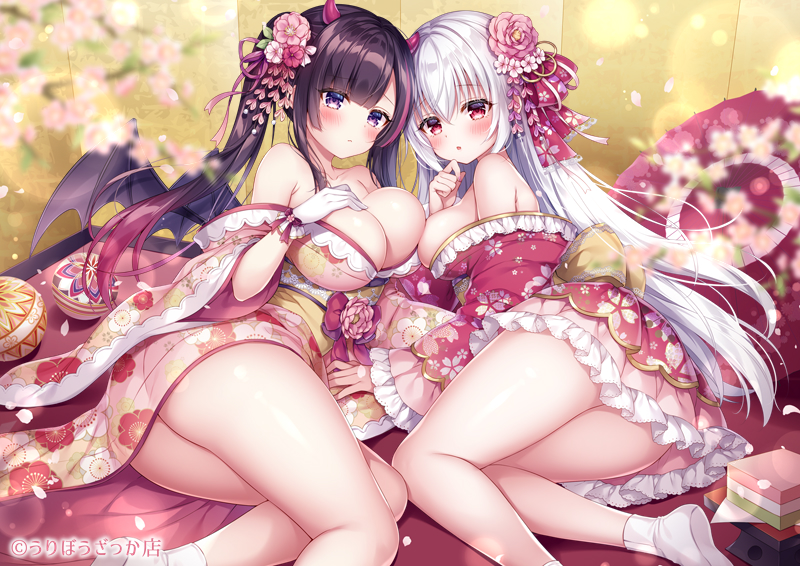 2girls ass bangs bat_wings blush breasts brown_hair cleavage commentary_request demon_horns demon_wings eyebrows_visible_through_hair female flower frilled_kimono frills hair_between_eyes hair_flower hair_ornament hand_on_own_chest horns japanese_clothes kimono long_hair looking_at_viewer mini_wings mitsuba_choco multicolored_hair multiple_girls original pink_flower pink_rose purple_eyes red_eyes red_hair rose shrine_maiden socks tabi thick_thighs thighs translation_request twintails white_hair wings