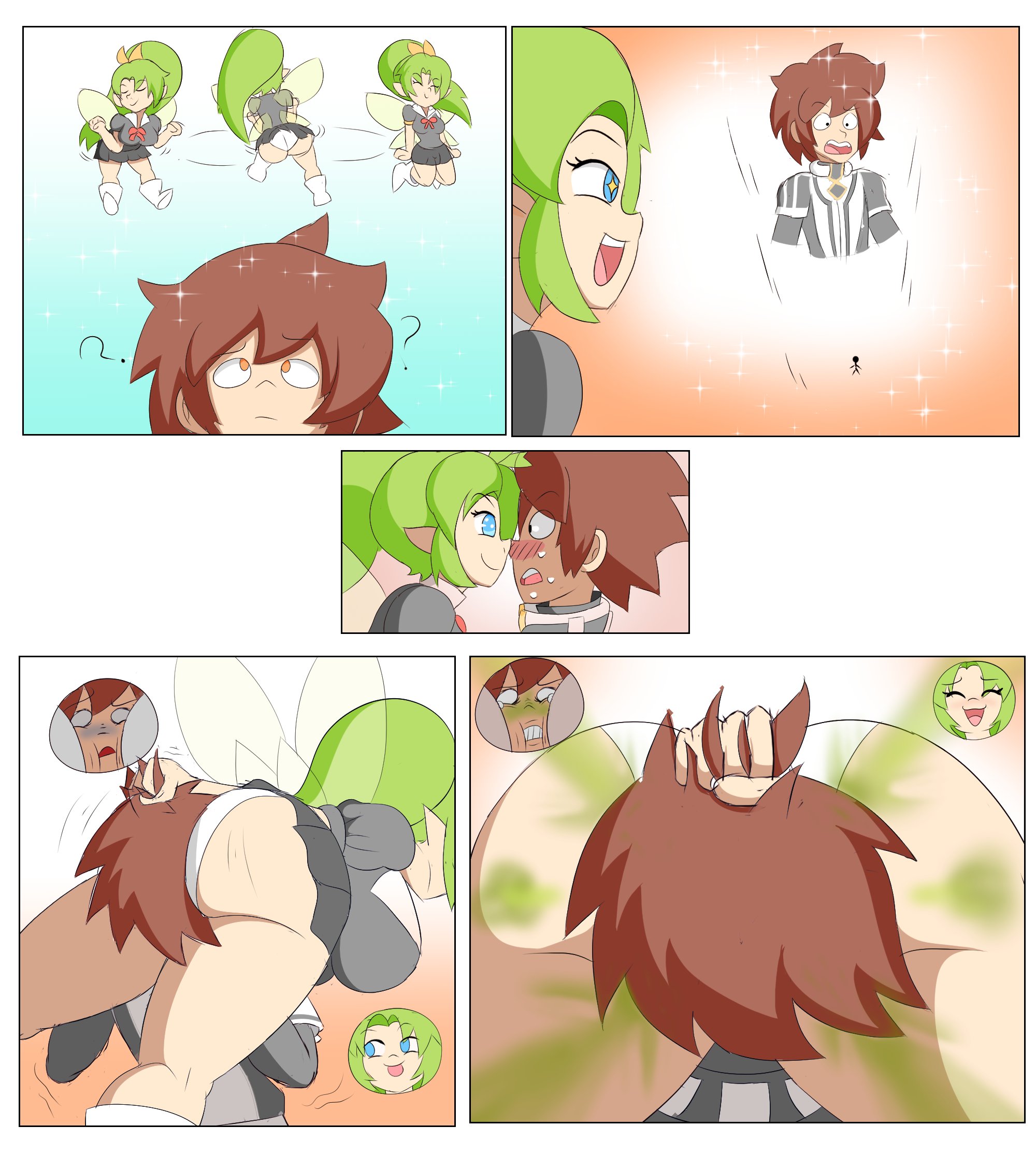 ?, 1boy, 1girls, ass, big ass, big butt, blue eyes, blush, face in ass, fairy, fairy wings, fart, fart cloud, fart fetish, farting, farting in face, female, grabbing hair, green hair, hair grab, ken to mahou to gakuen mono, male, open mouth, panties, ponytail, protorepulsive, repulsiveproto, shrunk, skirt, smile, tears, thick thighs, tongue, tongue out, white panties, wings