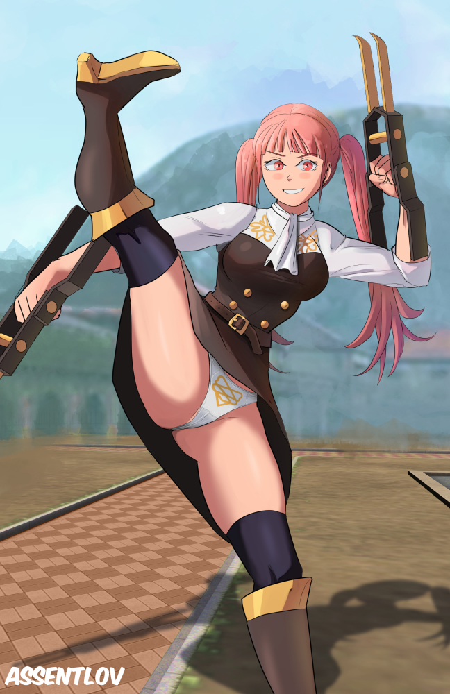 1girls artist_name assentlov bare_thighs belt boots breasts clothed female_only fire_emblem fire_emblem:_three_houses fully_clothed garreg_mach_monastery_uniform grin high_kick hilda_valentine_goneril holding_weapon long_hair looking_at_viewer medium_breasts outdoors panties pantyshot pantyshot_(standing) pigtails pink_eyes pink_hair pose print_panties red_eyes smile solo thighhighs thighs twintails upskirt weapon white_panties