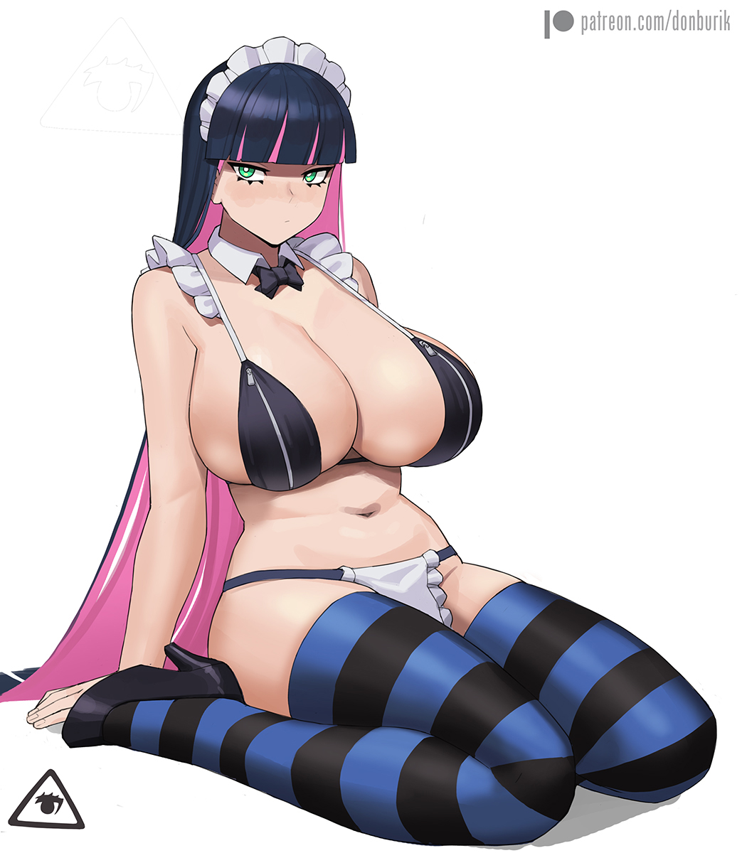1girls, 2021, artist logo, belly button, bikini top, black hair, breasts, donburikazoku, female, female only, green eyes, heels, huge breasts, kneeling, long hair, maid bikini, maid headdress, panty & stocking with garterbelt, pink hair, simple background, slim waist, stocking anarchy, stockings, striped bikini, striped legwear, thick thighs, thighhighs, thighs, two-tone hair, white background
