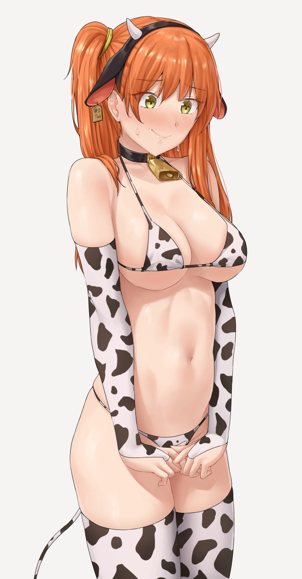 animal_ears animal_print bell bikini black_choker blush breasts bridal_gauntlets choker closed_mouth cow_ears cow_horns cow_print cow_tail cowbell ear_tag female female horns large_breasts long_hair navel neck_bell nervous_smile orange_hair original own_hands_together raised_eyebrows sarhce shy side_ponytail simple_background solo sweatdrop swimsuit tail thighhighs white_background yellow_background